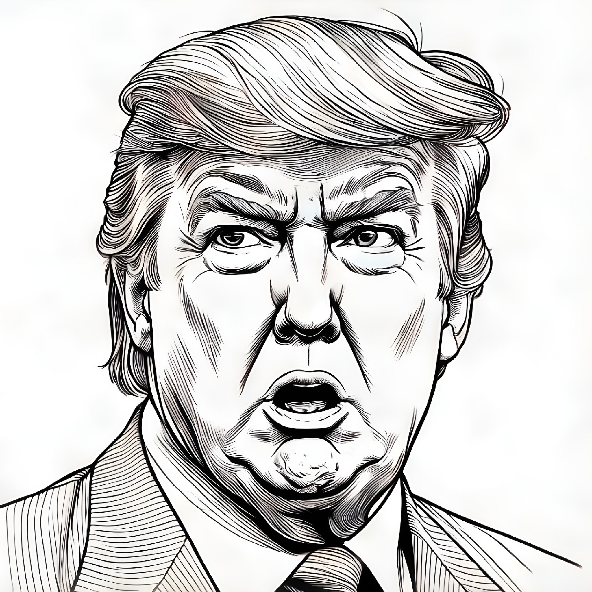 Donald Trump with a surprised look Coloring Page (free black-and-white line drawing printable PDF for all, from beginners to advanced learners, including children, teens, adults, and seniors)