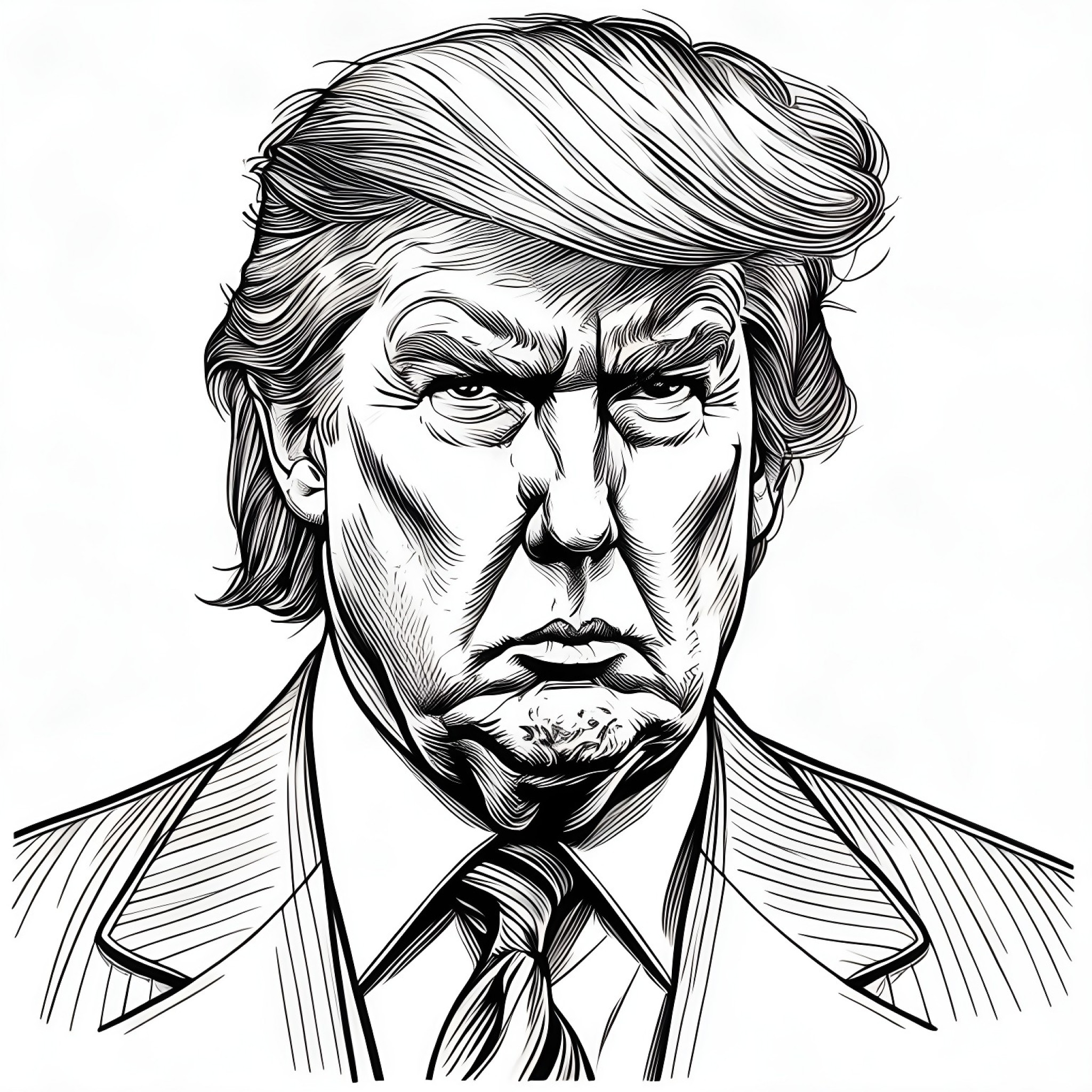 Donald Trump as a villain Coloring Page (free black-and-white line drawing printable PDF for all, from beginners to advanced learners, including children, teens, adults, and seniors)