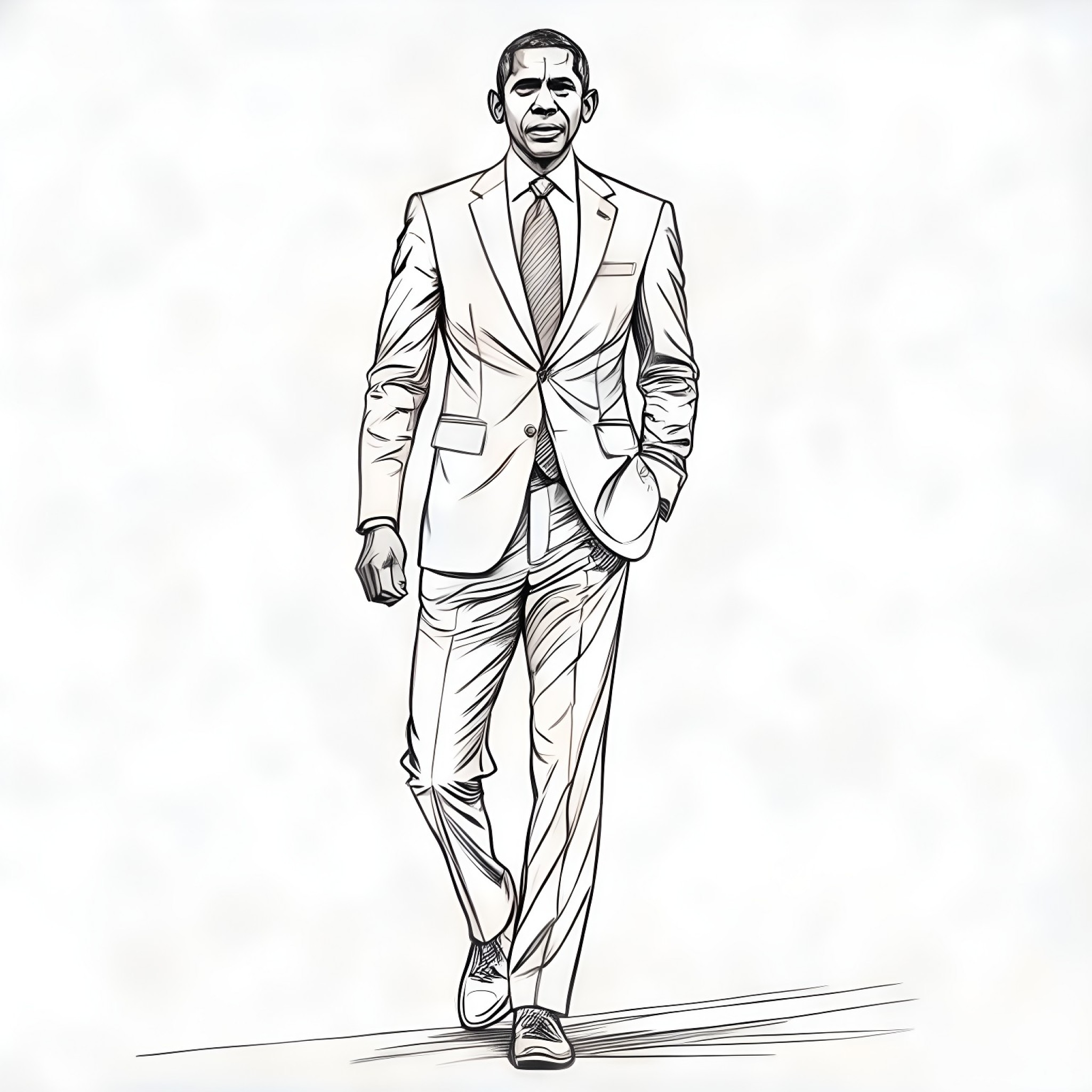 Barack Obama walking confidently Coloring Page (free black-and-white line drawing printable PDF for all, from beginners to advanced learners, including children, teens, adults, and seniors)