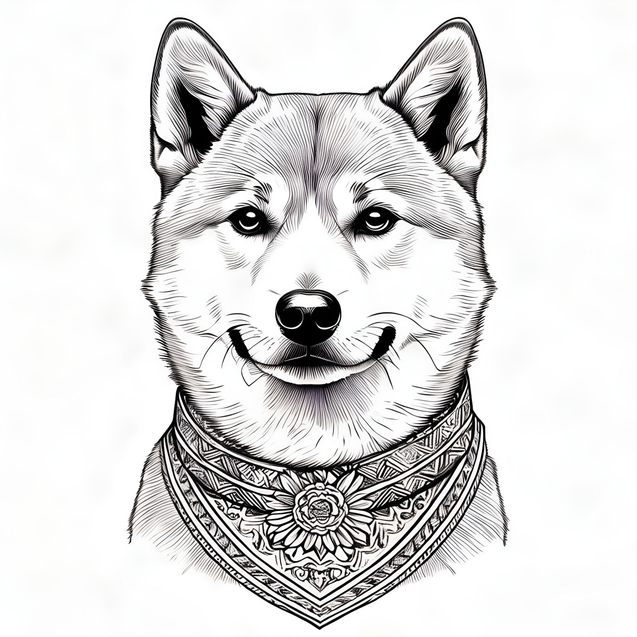 Shiba Inu wearing a stylish bandana Coloring Page (free black-and-white line drawing printable PDF for all, from beginners to advanced learners, including children, teens, adults, and seniors)