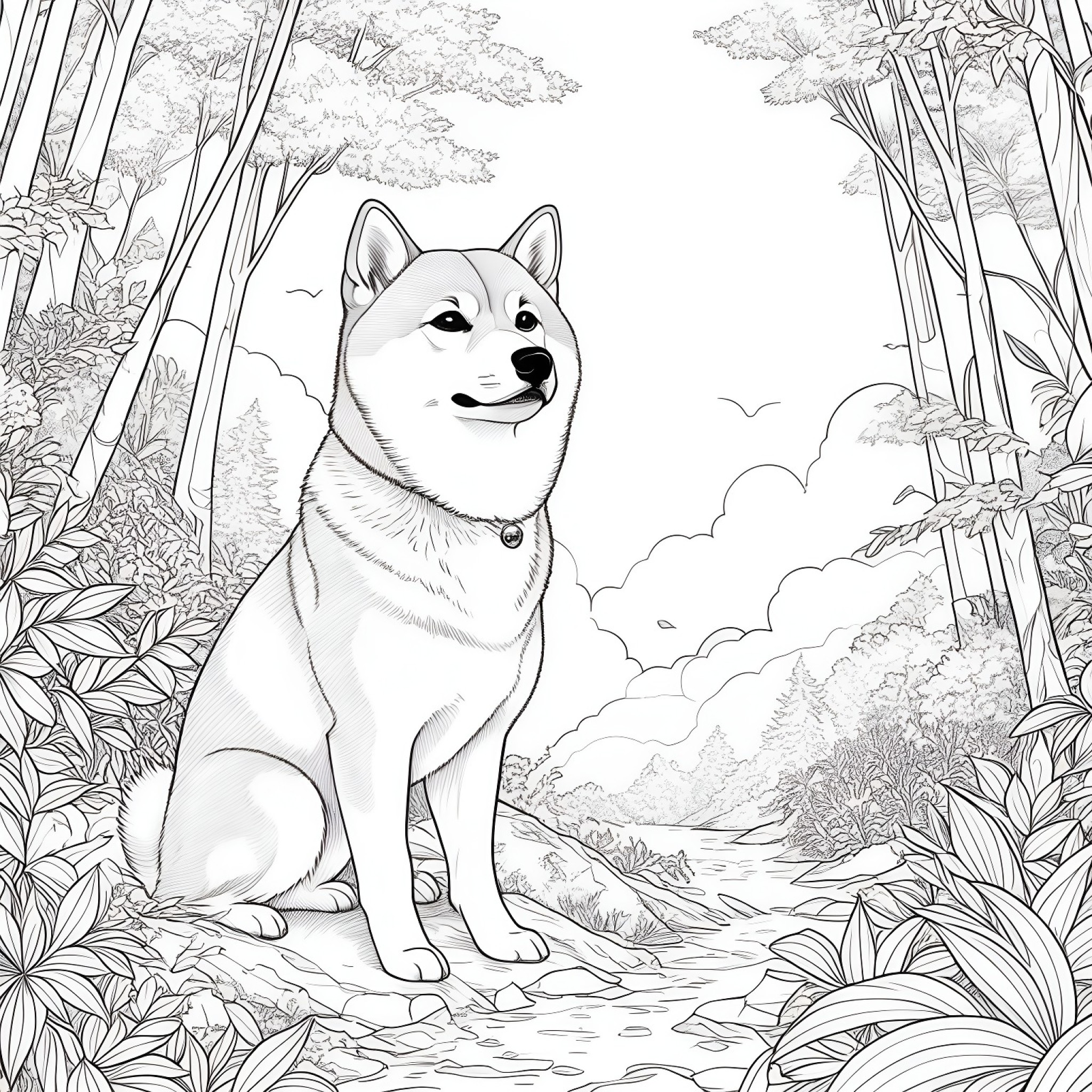 Shiba Inu in a mystical forest Coloring Page (free black-and-white line drawing printable PDF for all, from beginners to advanced learners, including children, teens, adults, and seniors)