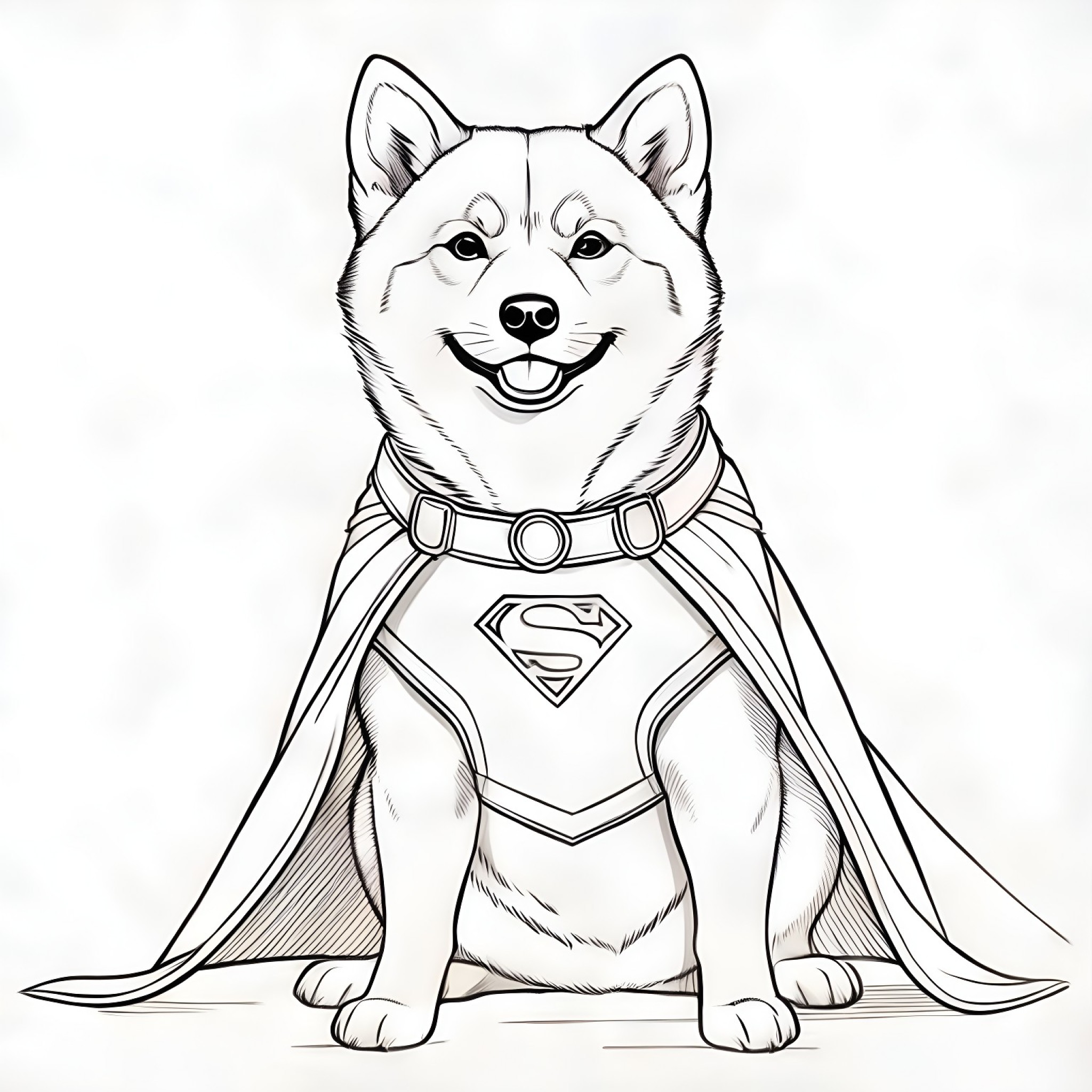 Shiba Inu in a superhero costume Coloring Page (free black-and-white line drawing printable PDF for all, from beginners to advanced learners, including children, teens, adults, and seniors)