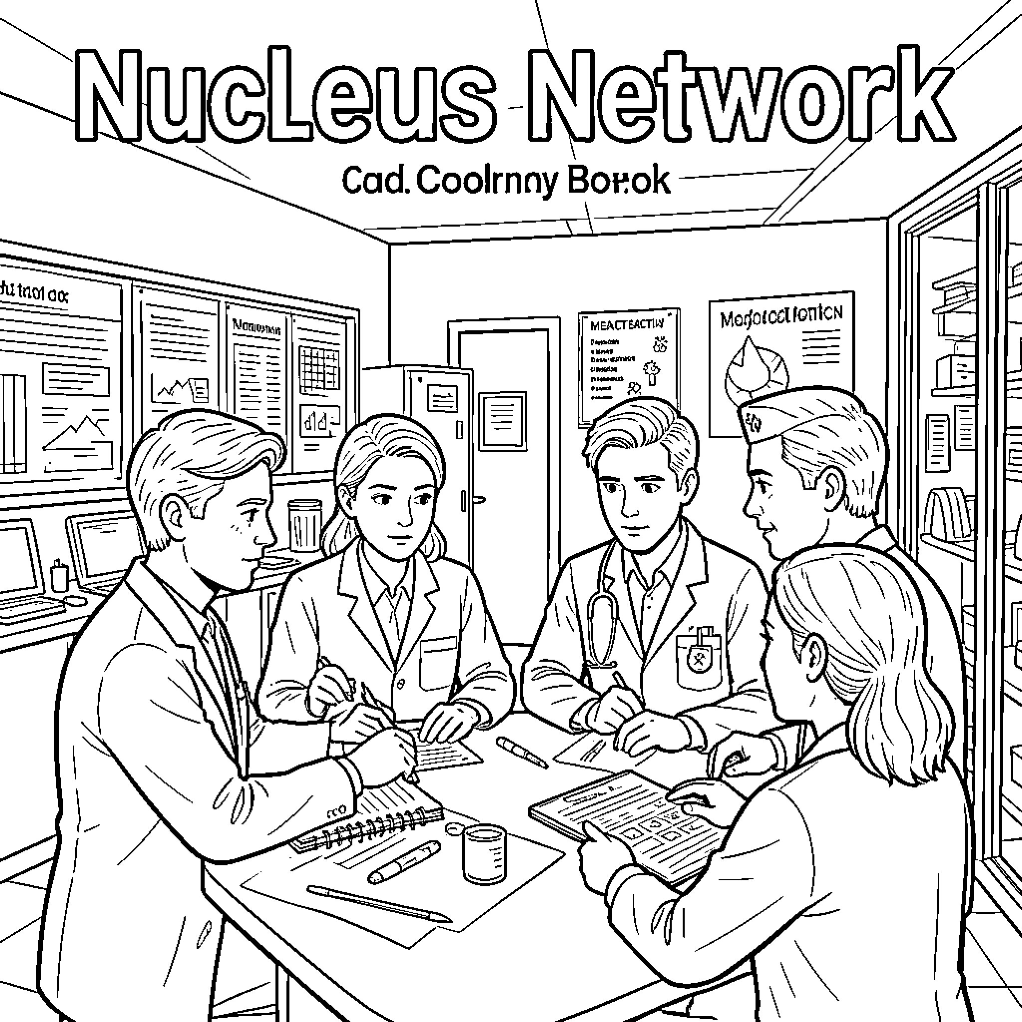 Participant medical professionals discussing data around a table Coloring Page (free black-and-white line drawing printable PDF for all, from beginners to advanced learners, including children, teens, adults, and seniors)