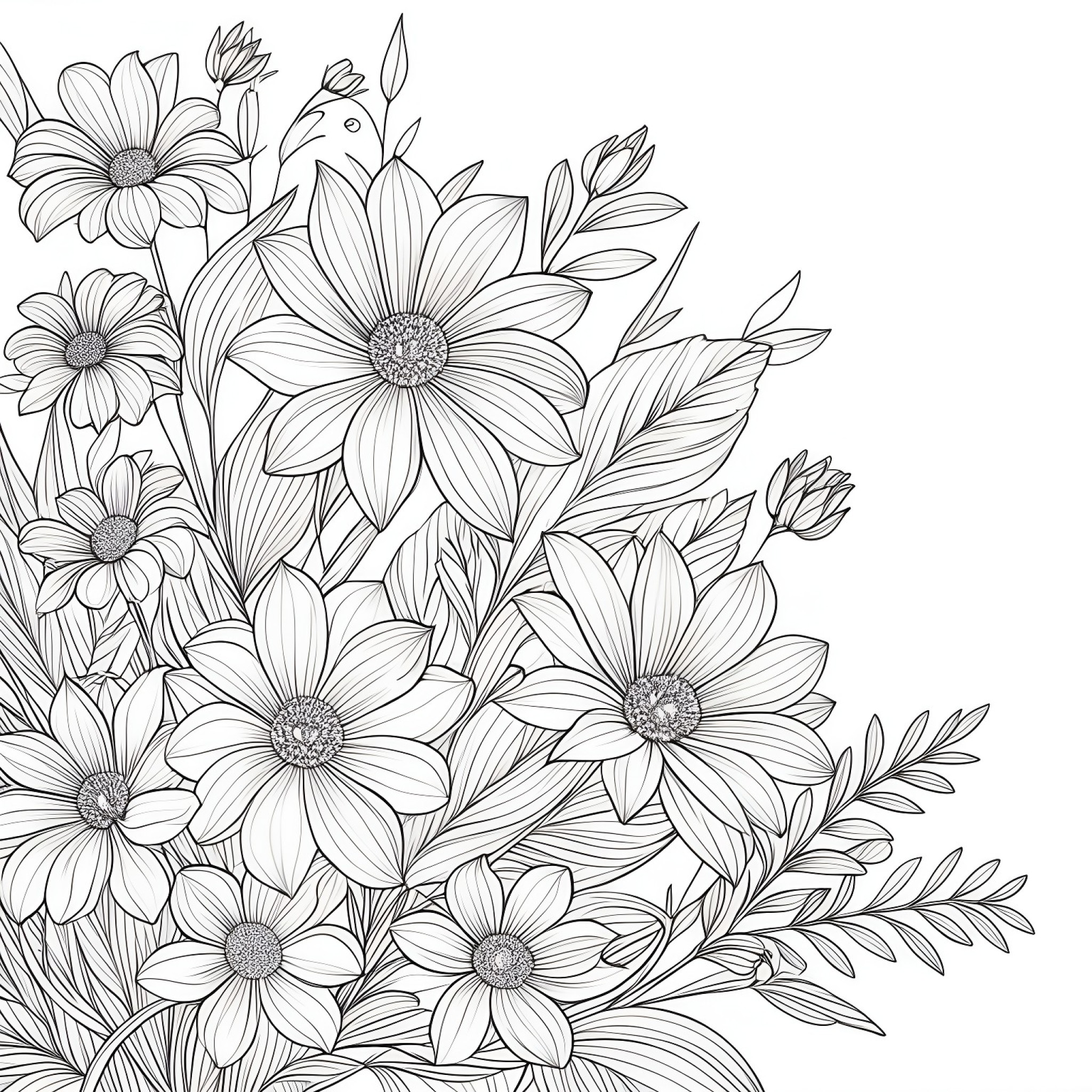 Flowers in a gentle breeze Coloring Page (free black-and-white line drawing printable PDF for all, from beginners to advanced learners, including children, teens, adults, and seniors)