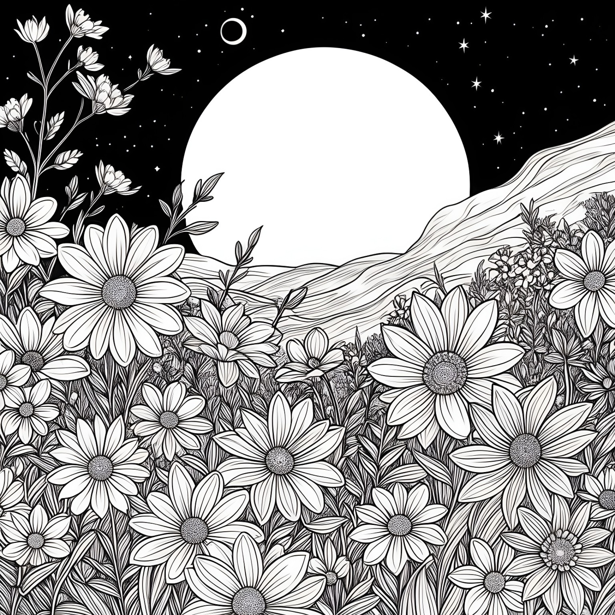 Flowers blooming under the moonlight Coloring Page (free black-and-white line drawing printable PDF for all, from beginners to advanced learners, including children, teens, adults, and seniors)