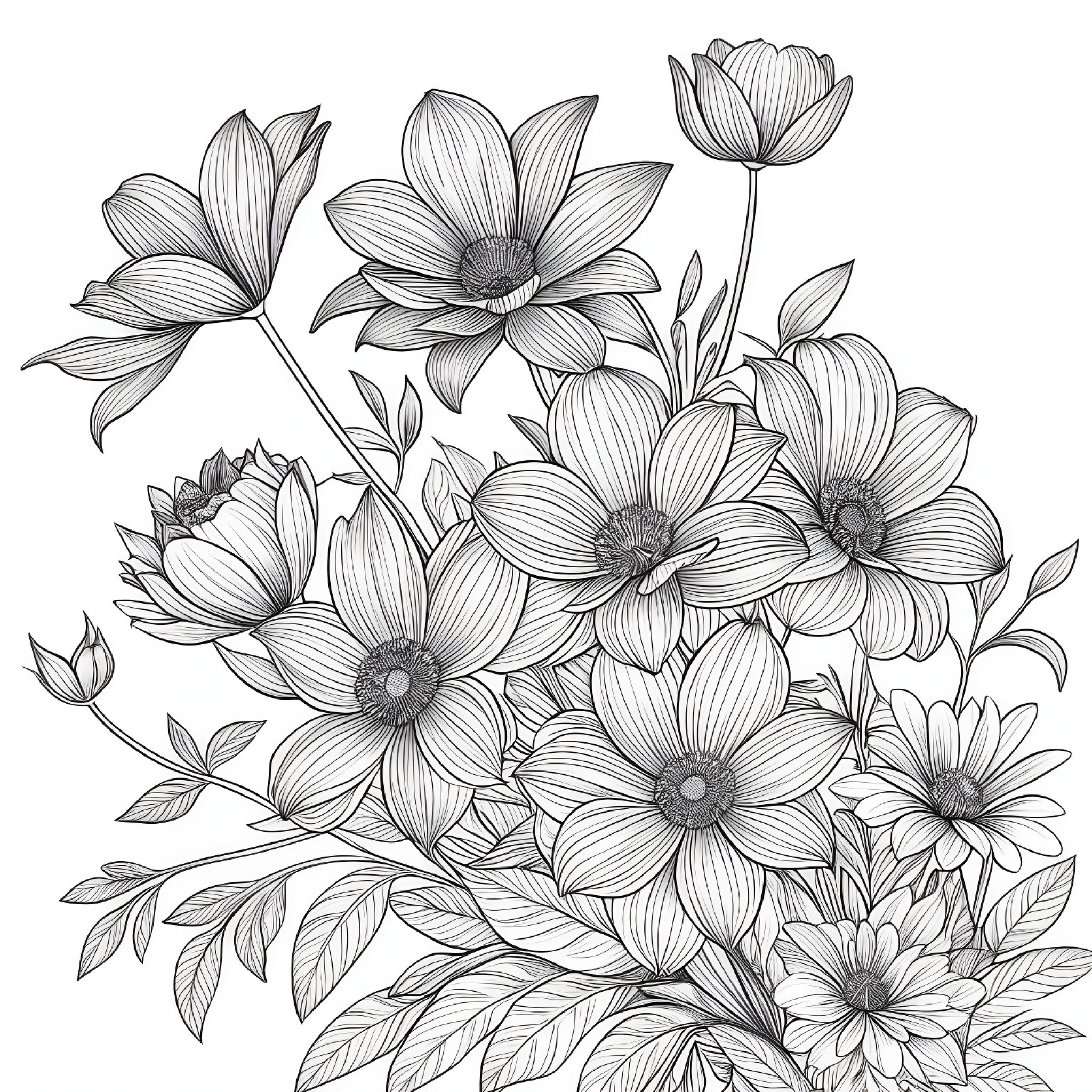 Flowers in a graceful bouquet Coloring Page (free black-and-white line drawing printable PDF for all, from beginners to advanced learners, including children, teens, adults, and seniors)