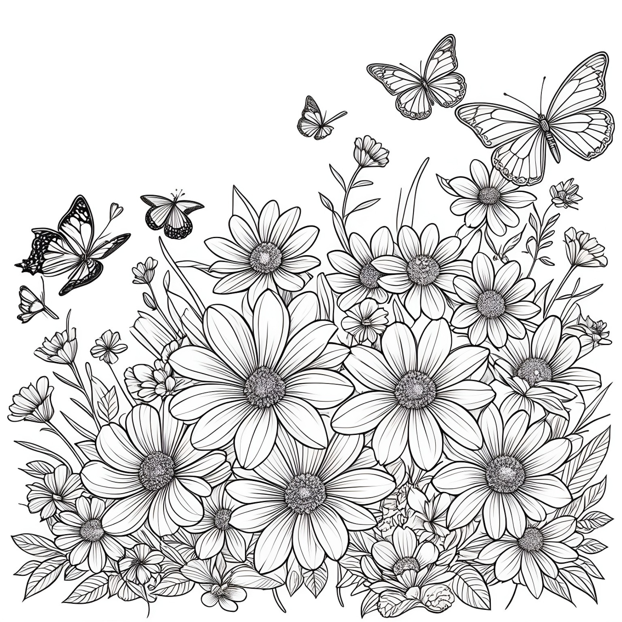 Flowers surrounded by butterflies Coloring Page (free black-and-white line drawing printable PDF for all, from beginners to advanced learners, including children, teens, adults, and seniors)