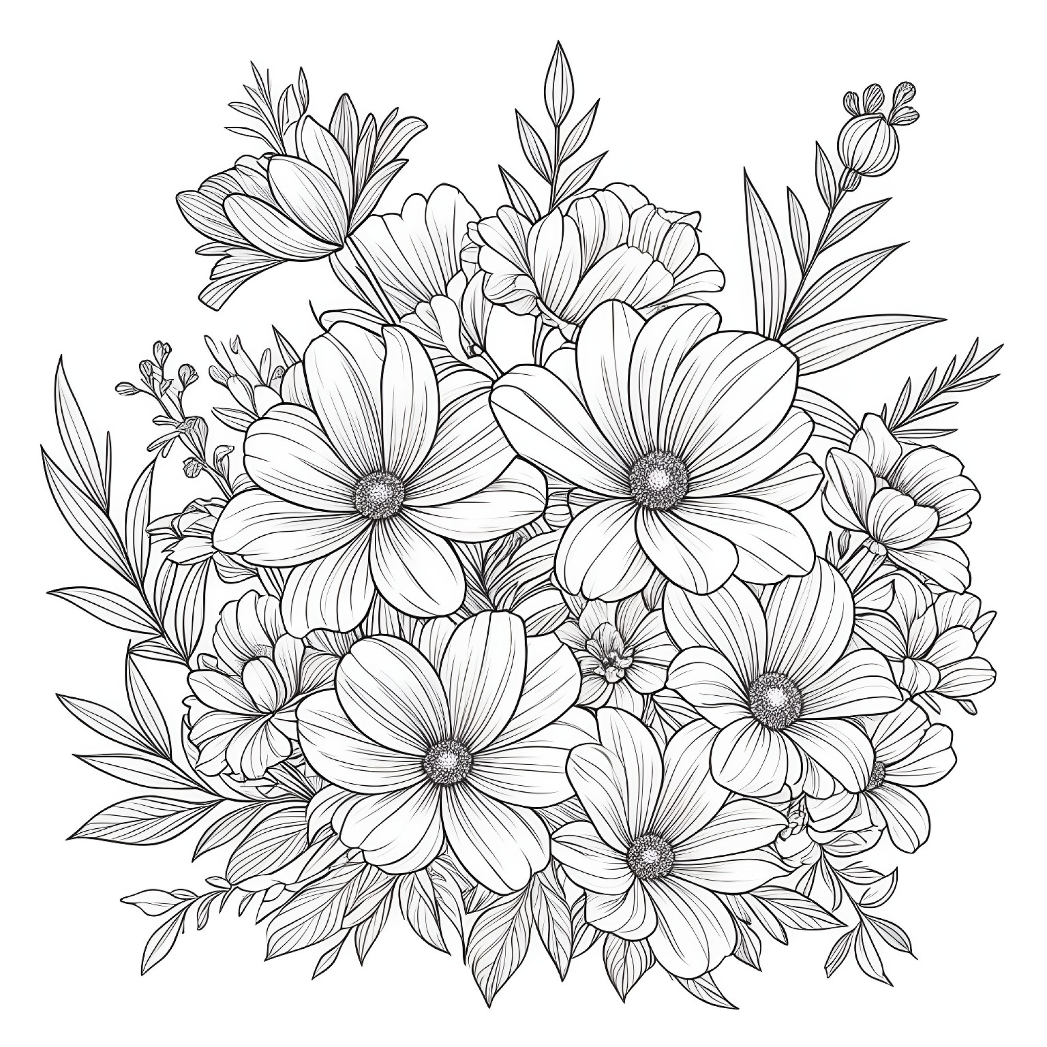 Flowers with a vintage vibe Coloring Page (free black-and-white line drawing printable PDF for all, from beginners to advanced learners, including children, teens, adults, and seniors)