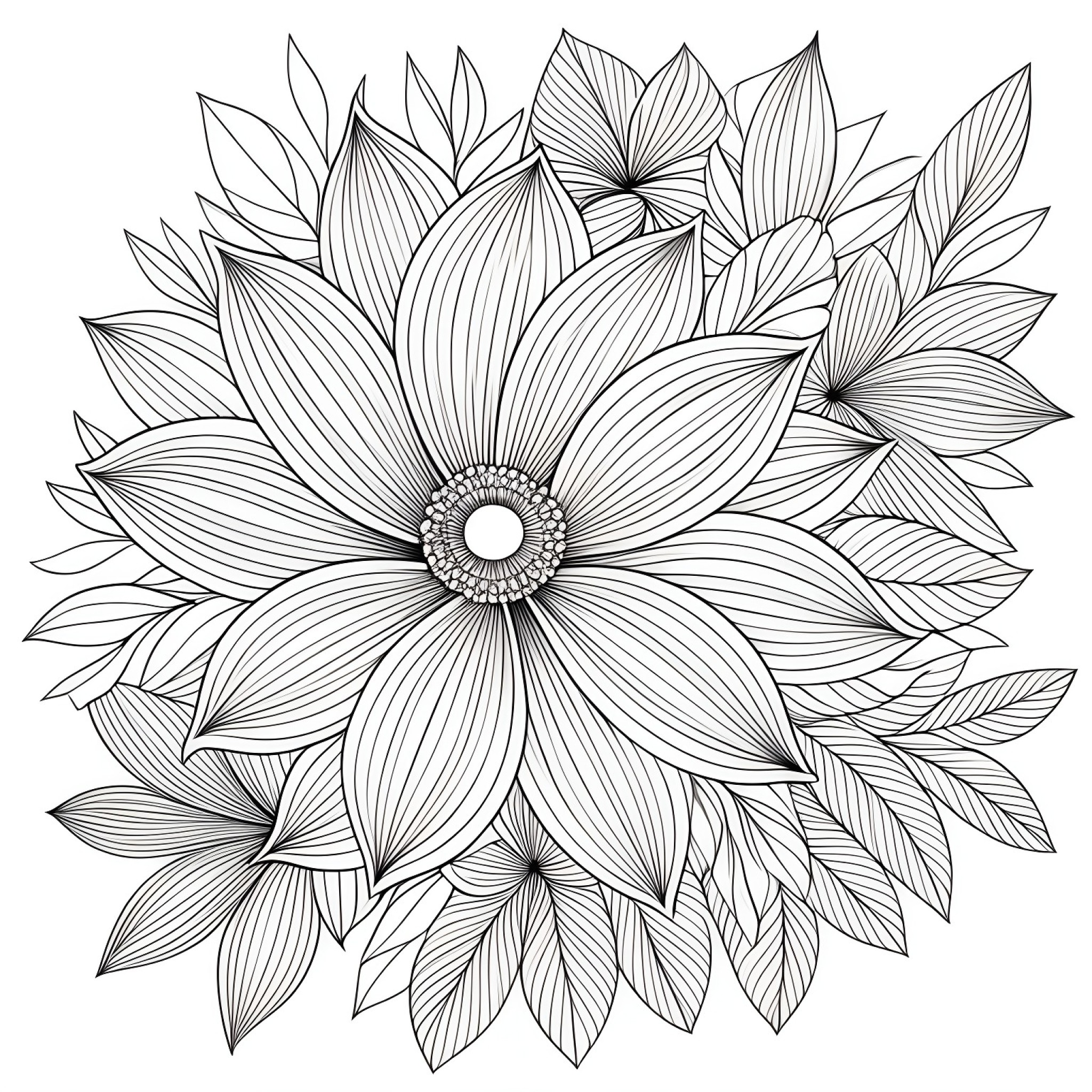Flowers with bold, overlapping petals Coloring Page (free black-and-white line drawing printable PDF for all, from beginners to advanced learners, including children, teens, adults, and seniors)