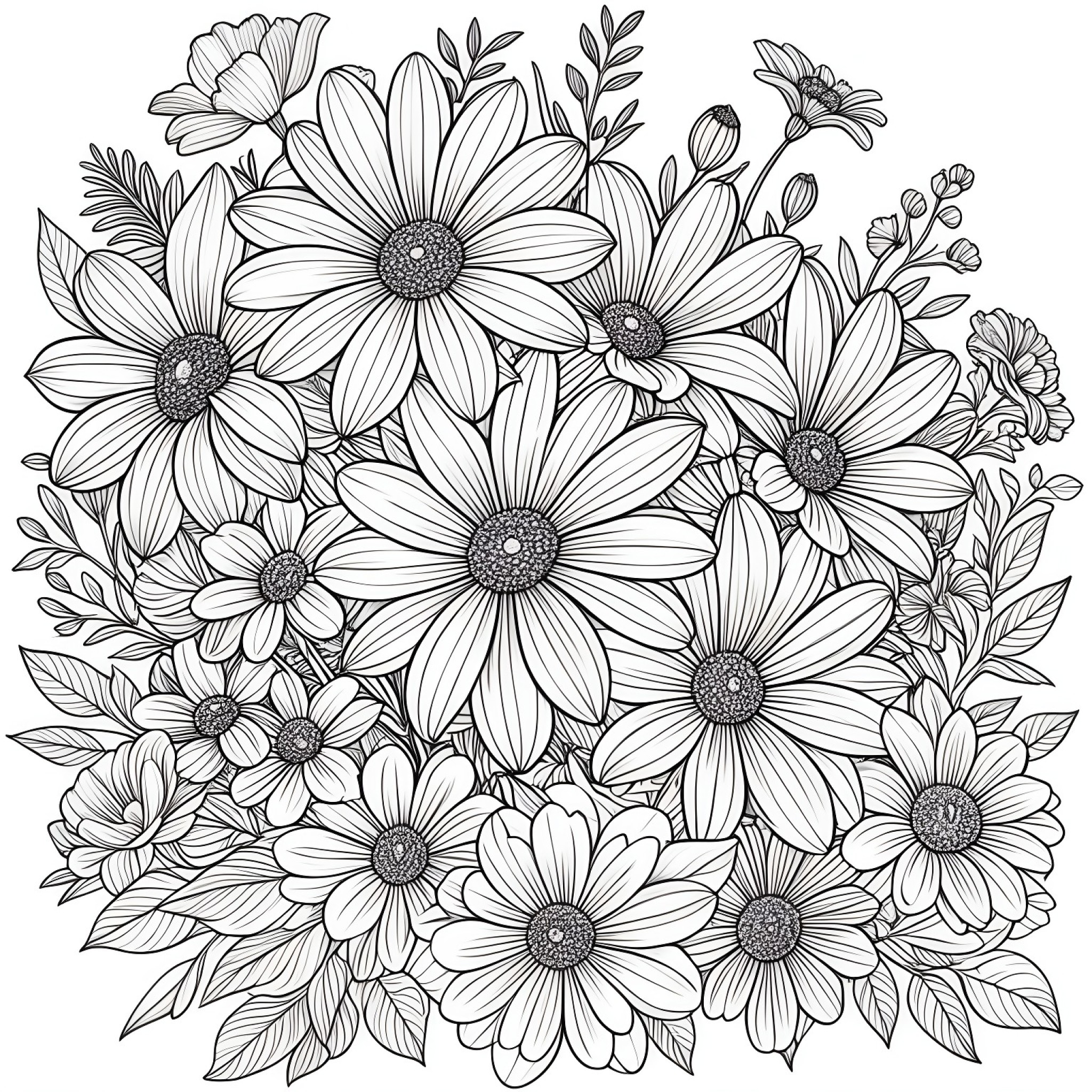 Flowers with a touch of nostalgia Coloring Page (free black-and-white line drawing printable PDF for all, from beginners to advanced learners, including children, teens, adults, and seniors)