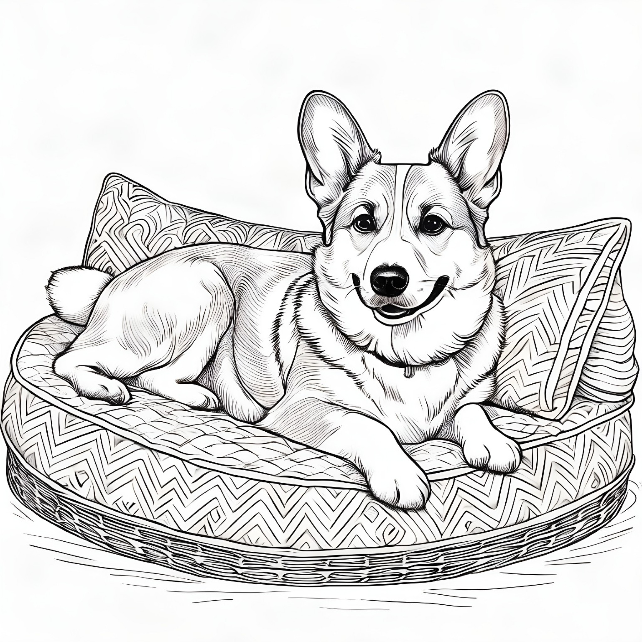 Welsh Corgi lounging in a cozy bed Coloring Page (free black-and-white line drawing printable PDF for all, from beginners to advanced learners, including children, teens, adults, and seniors)