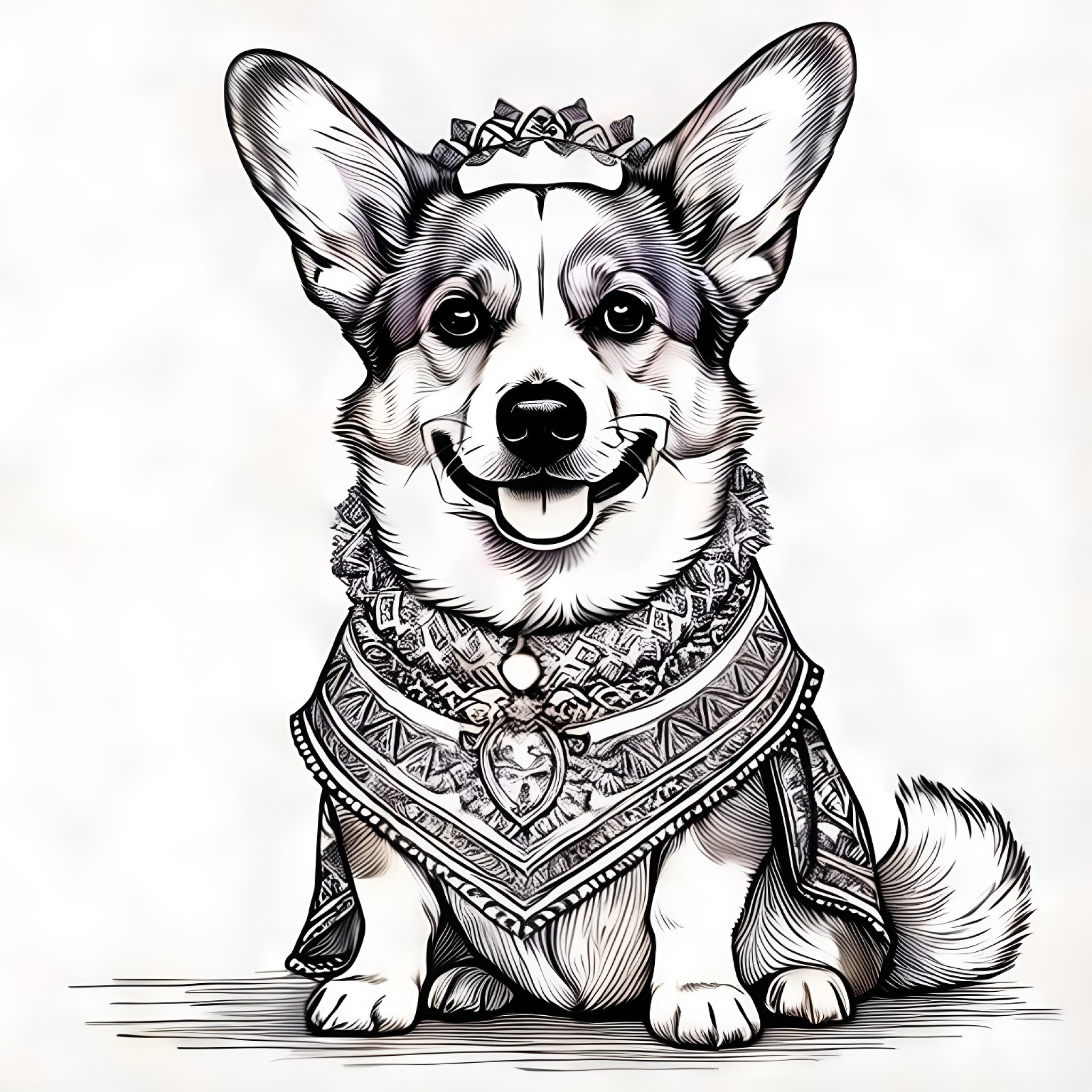 Welsh Corgi dressed in a festive outfit Coloring Page (free black-and-white line drawing printable PDF for all, from beginners to advanced learners, including children, teens, adults, and seniors)