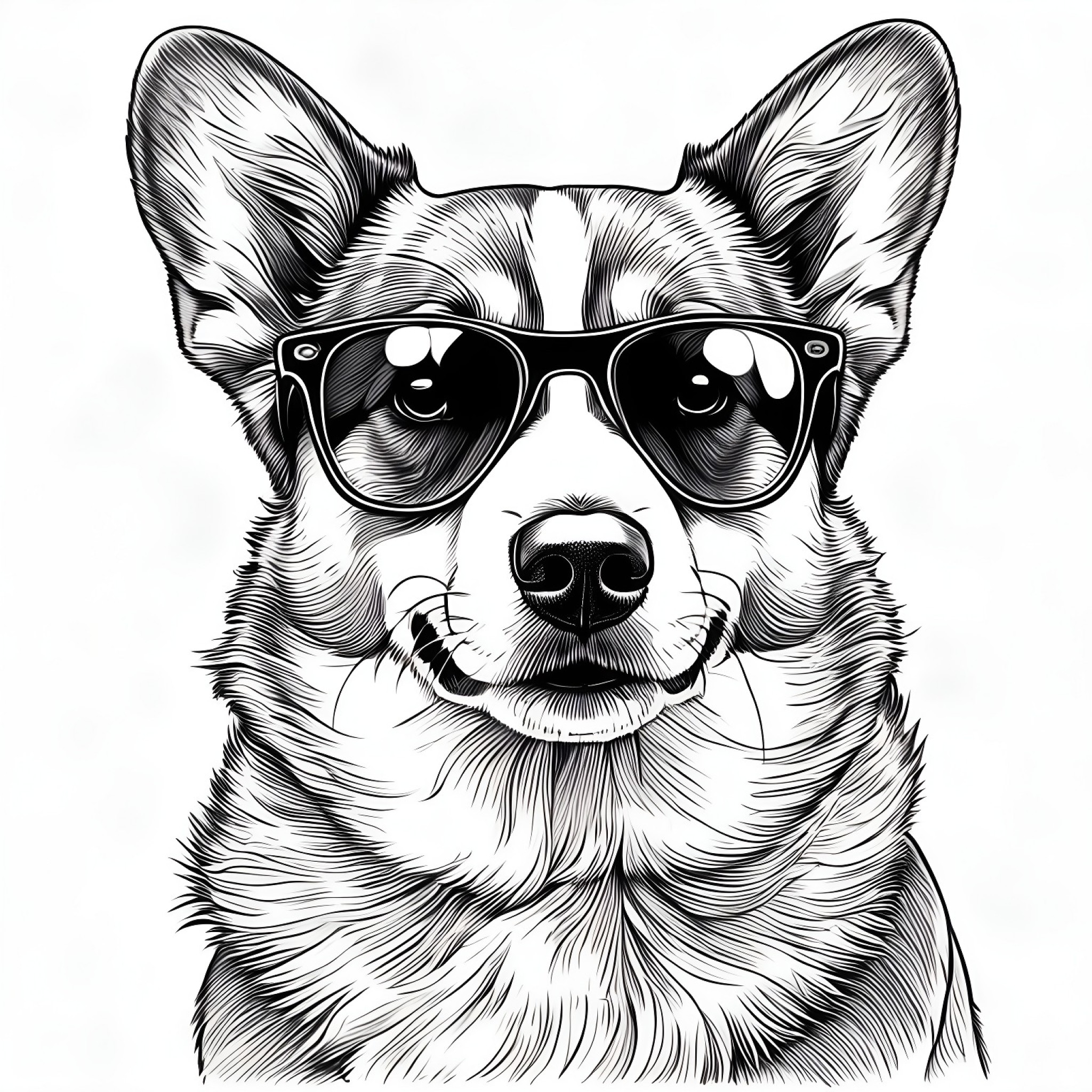 Welsh Corgi wearing sunglasses Coloring Page (free black-and-white line drawing printable PDF for all, from beginners to advanced learners, including children, teens, adults, and seniors)