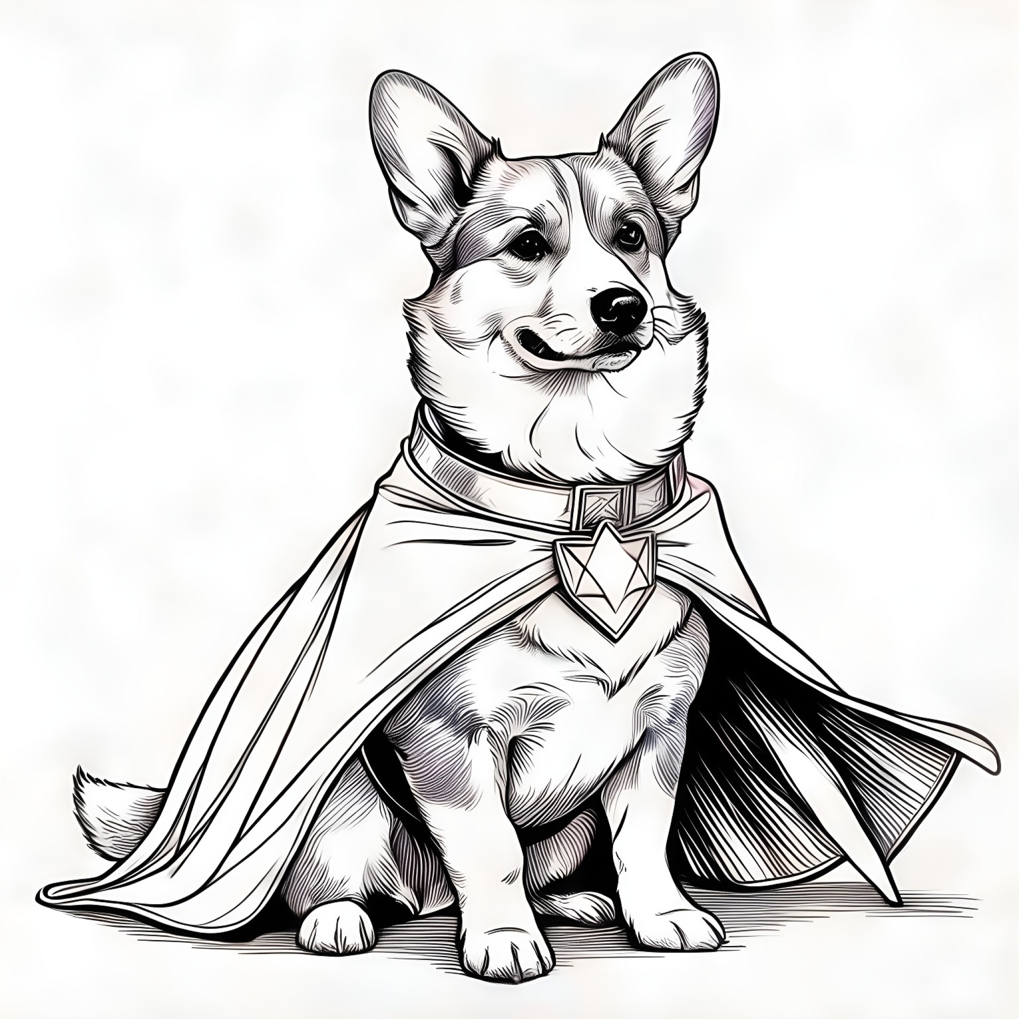 Welsh Corgi in a superhero cape Coloring Page (free black-and-white line drawing printable PDF for all, from beginners to advanced learners, including children, teens, adults, and seniors)