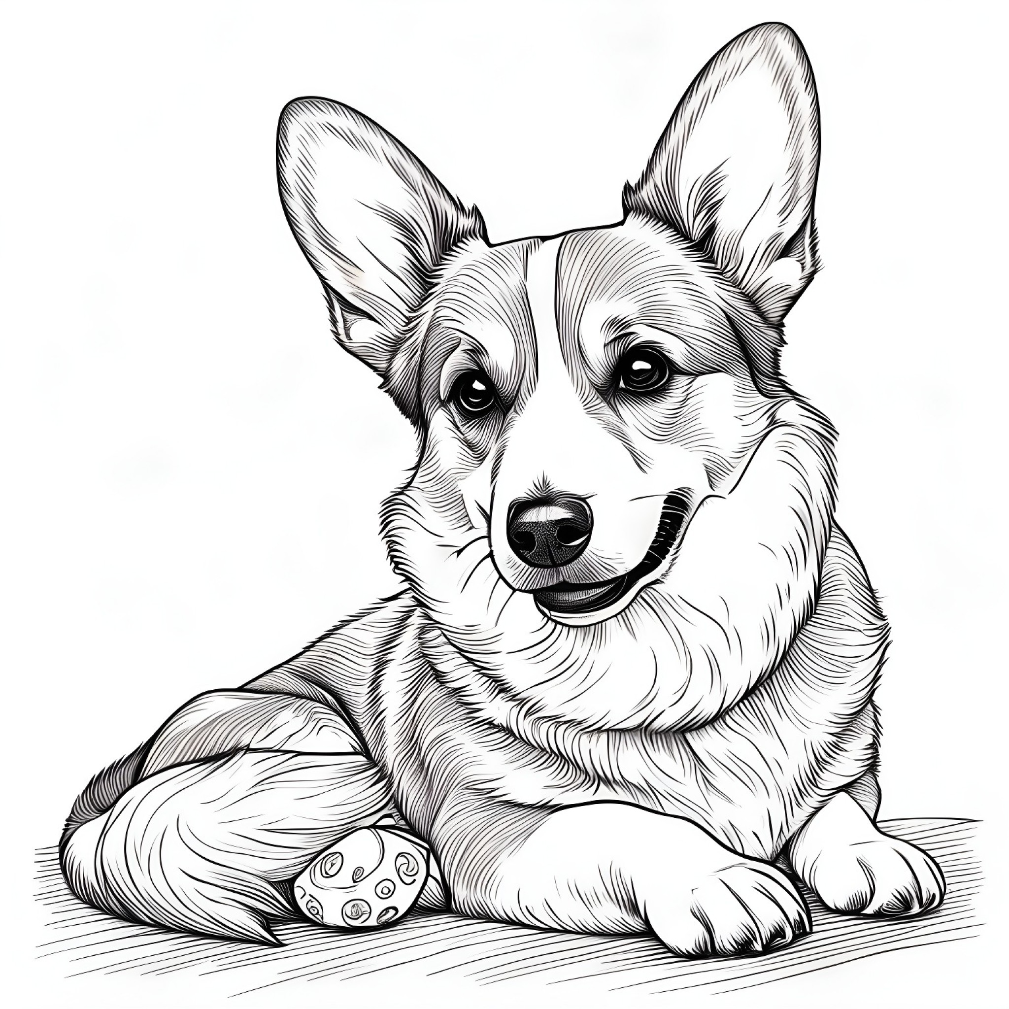 Welsh Corgi lying besides a toy Coloring Page (free black-and-white line drawing printable PDF for all, from beginners to advanced learners, including children, teens, adults, and seniors)