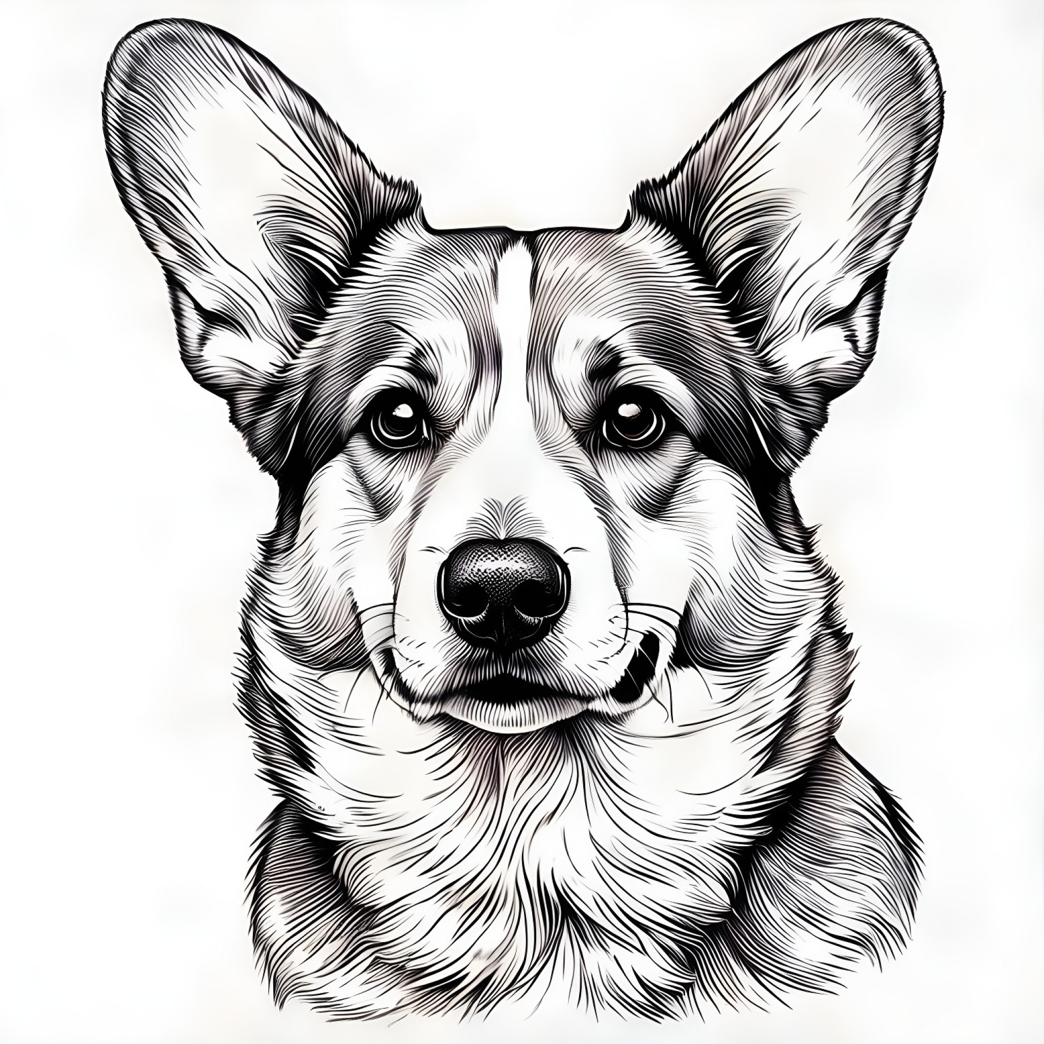 Welsh Corgi portrait Coloring Page (free black-and-white line drawing printable PDF for all, from beginners to advanced learners, including children, teens, adults, and seniors)