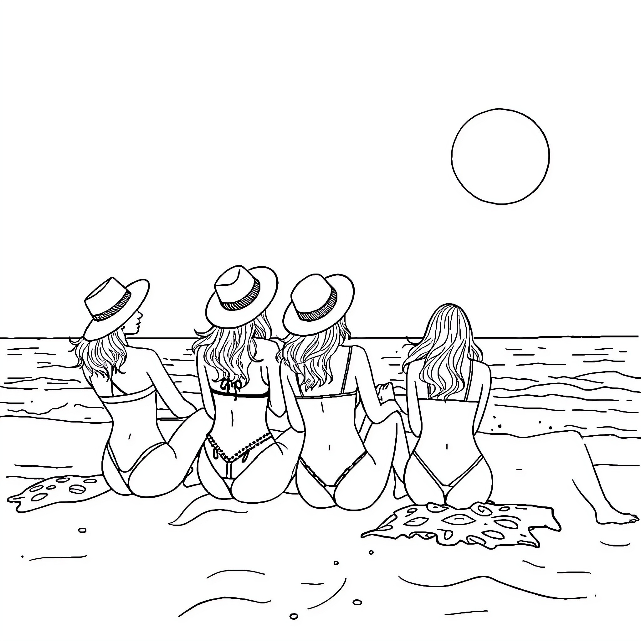 Girl friends enjoying summer day at the beach Coloring Page (free black-and-white line drawing printable PDF for all, from beginners to advanced learners, including children, teens, adults, and seniors)