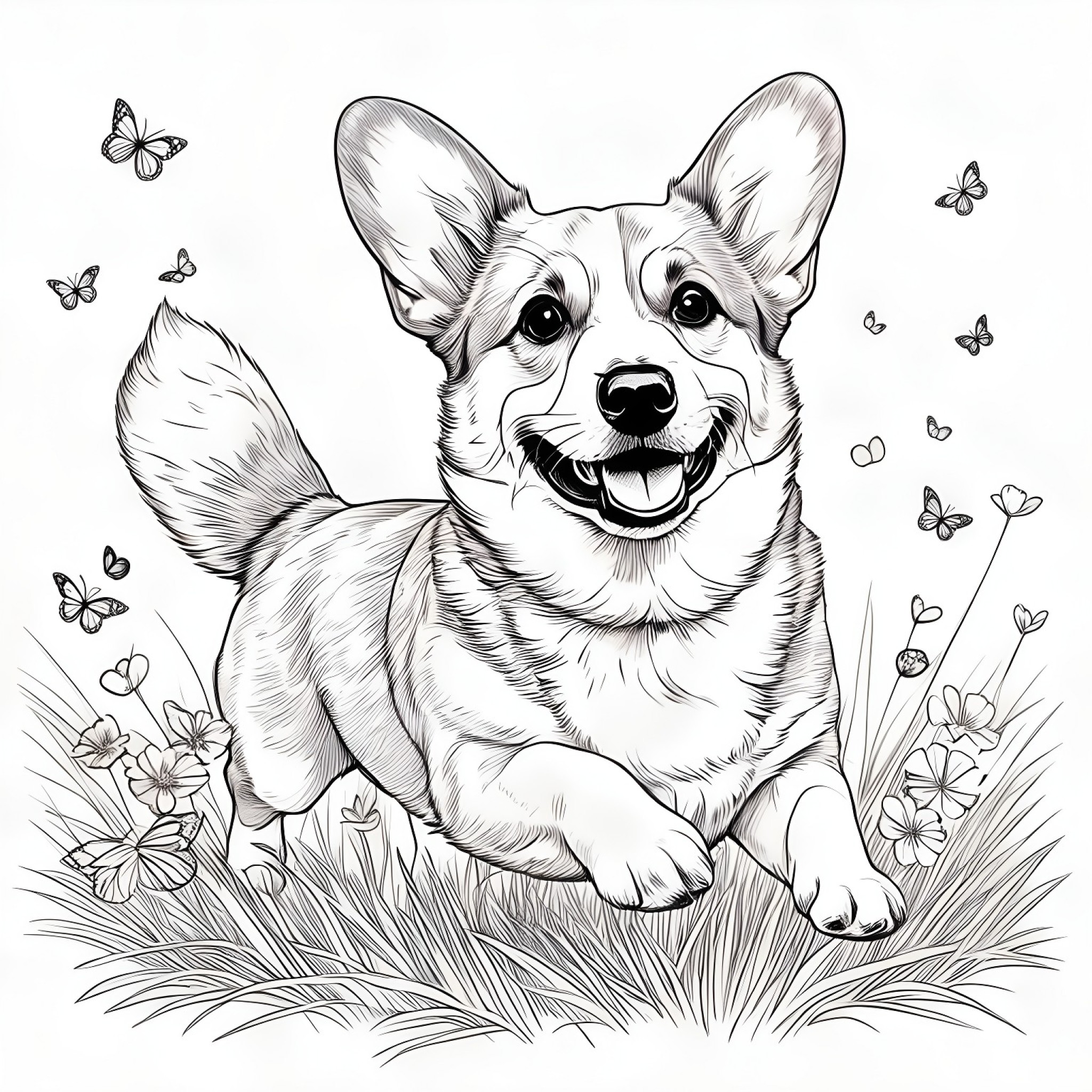 Welsh Corgi chasing butterflies Coloring Page (free black-and-white line drawing printable PDF for all, from beginners to advanced learners, including children, teens, adults, and seniors)