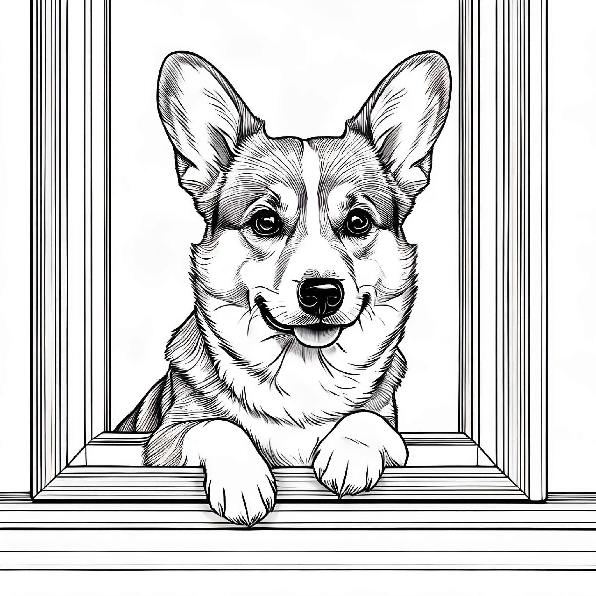 Welsh Corgi peeking out from a window Coloring Page (free black-and-white line drawing printable PDF for all, from beginners to advanced learners, including children, teens, adults, and seniors)
