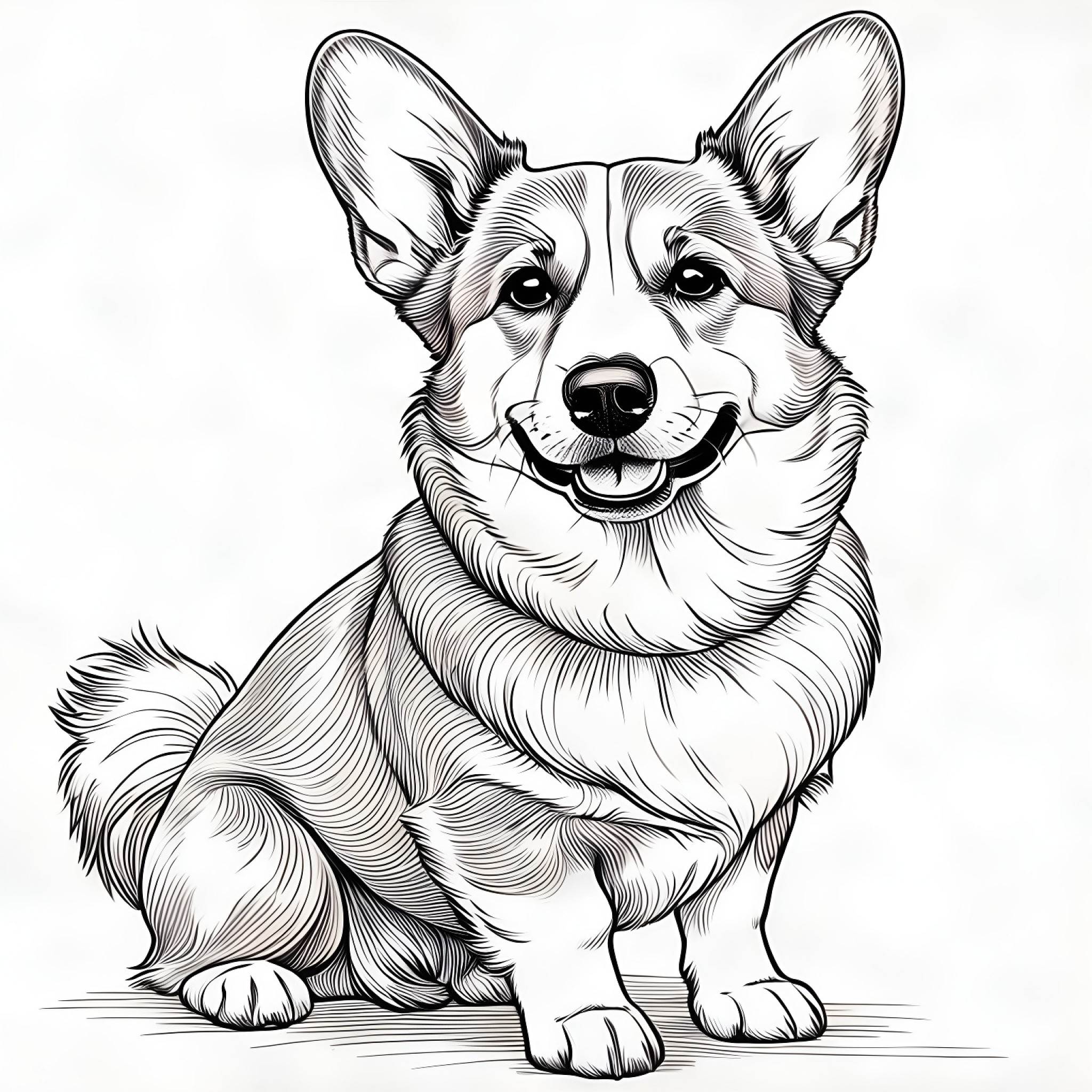 Welsh Corgi with a wagging tail Coloring Page (free black-and-white line drawing printable PDF for all, from beginners to advanced learners, including children, teens, adults, and seniors)