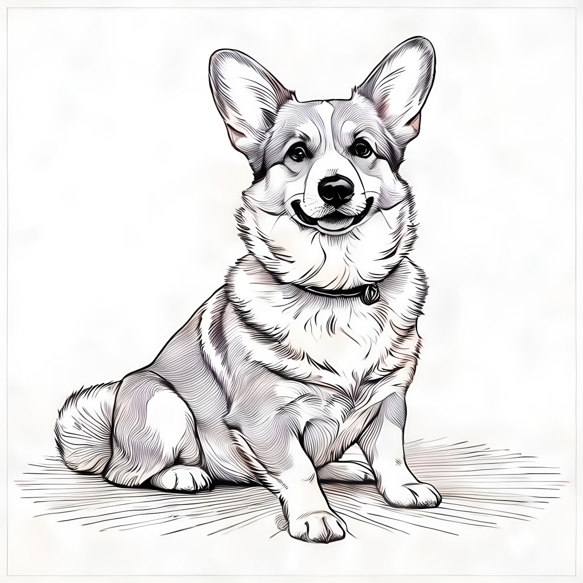 Welsh Corgi sitting on the floor Coloring Page (free black-and-white line drawing printable PDF for all, from beginners to advanced learners, including children, teens, adults, and seniors)