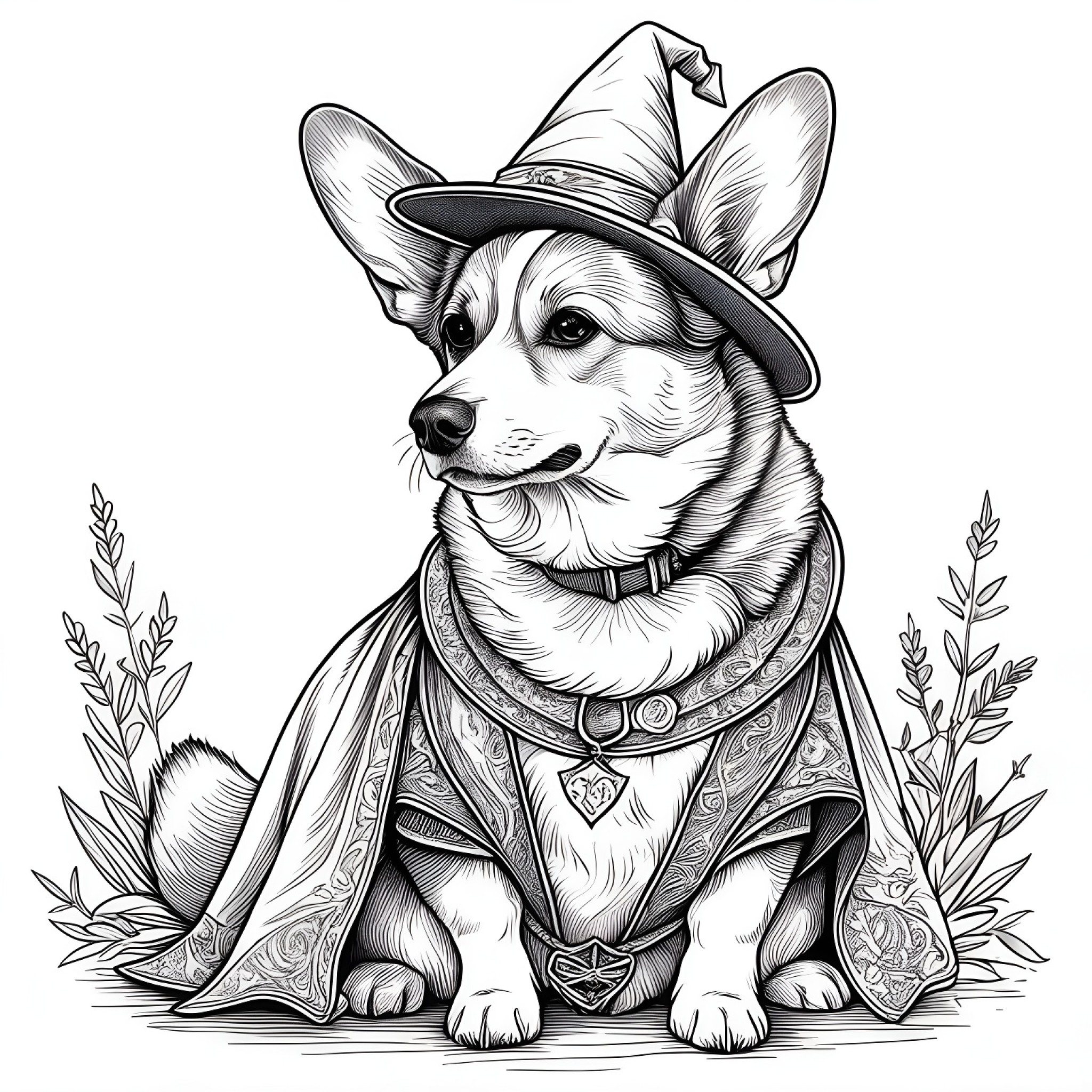 Welsh Corgi dressed as a wizard Coloring Page (free black-and-white line drawing printable PDF for all, from beginners to advanced learners, including children, teens, adults, and seniors)