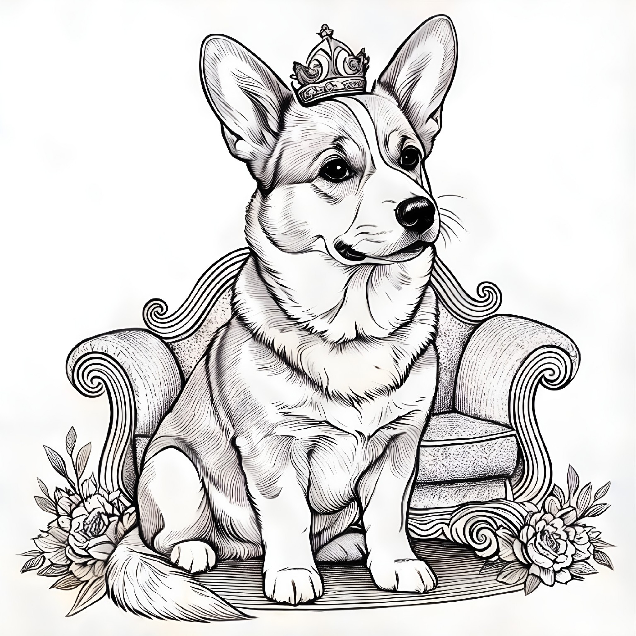 Welsh Corgi sitting besides a throne Coloring Page (free black-and-white line drawing printable PDF for all, from beginners to advanced learners, including children, teens, adults, and seniors)
