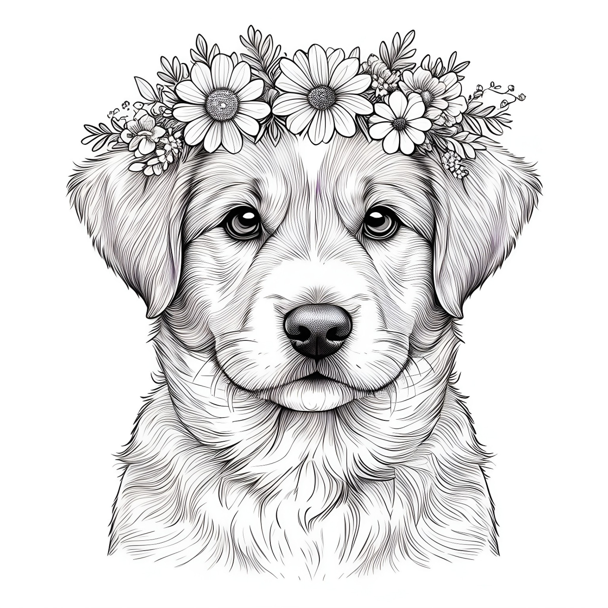 Puppy with a flower crown Coloring Page (free black-and-white line drawing printable PDF for all, from beginners to advanced learners, including children, teens, adults, and seniors)