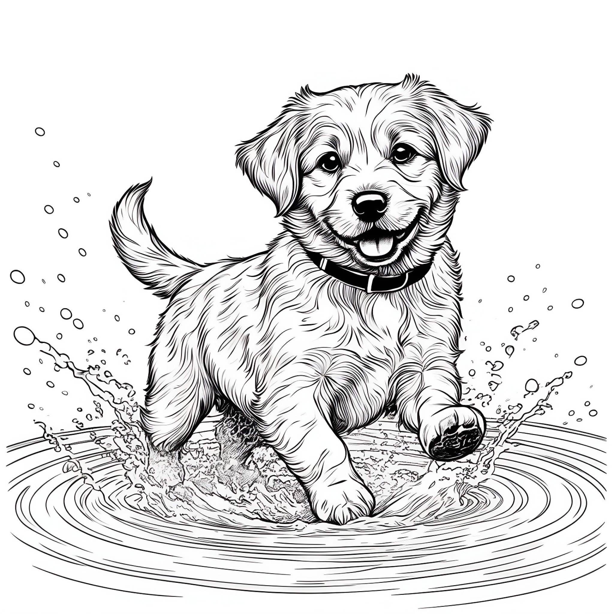 Puppy jumping in a puddle Coloring Page (free black-and-white line drawing printable PDF for all, from beginners to advanced learners, including children, teens, adults, and seniors)