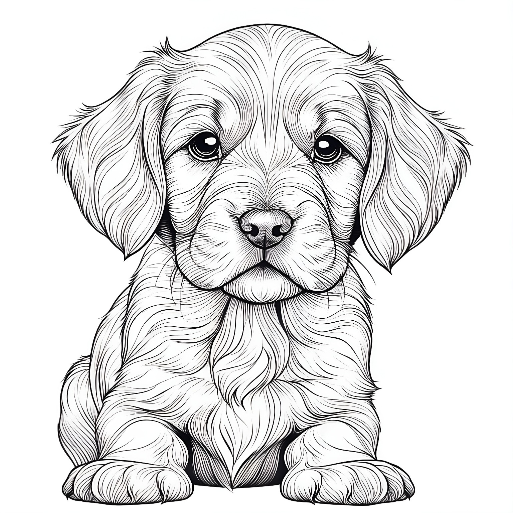 Puppy sitting and looking forward Coloring Page (free black-and-white line drawing printable PDF for all, from beginners to advanced learners, including children, teens, adults, and seniors)
