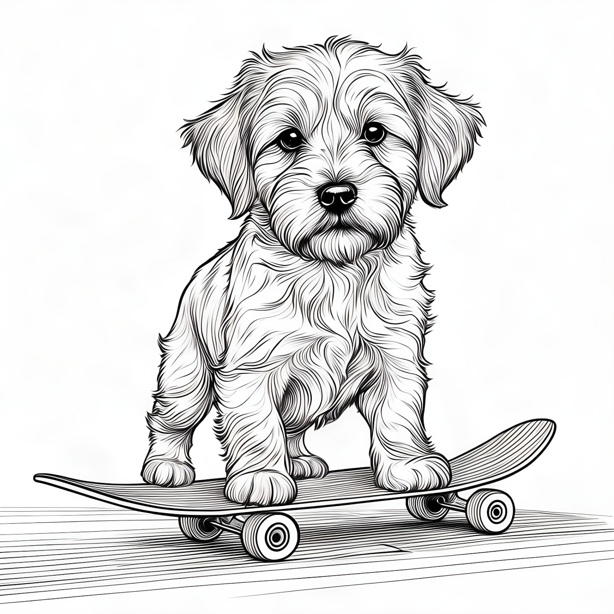 Puppy riding a skateboard Coloring Page (free black-and-white line drawing printable PDF for all, from beginners to advanced learners, including children, teens, adults, and seniors)