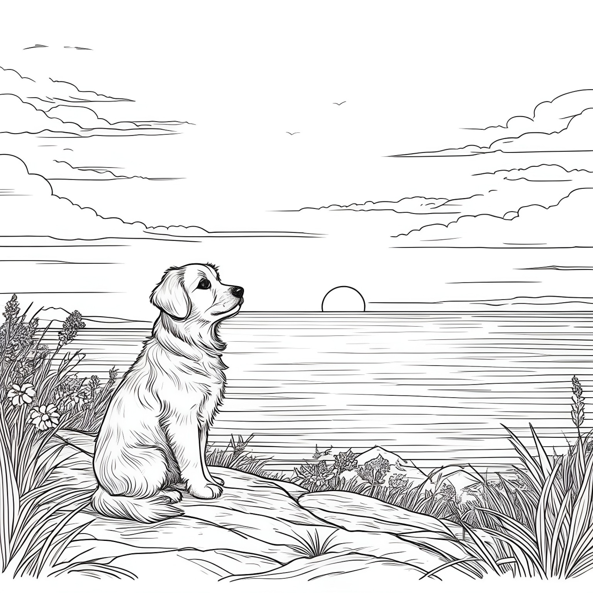 Puppy watching a sunset Coloring Page (free black-and-white line drawing printable PDF for all, from beginners to advanced learners, including children, teens, adults, and seniors)