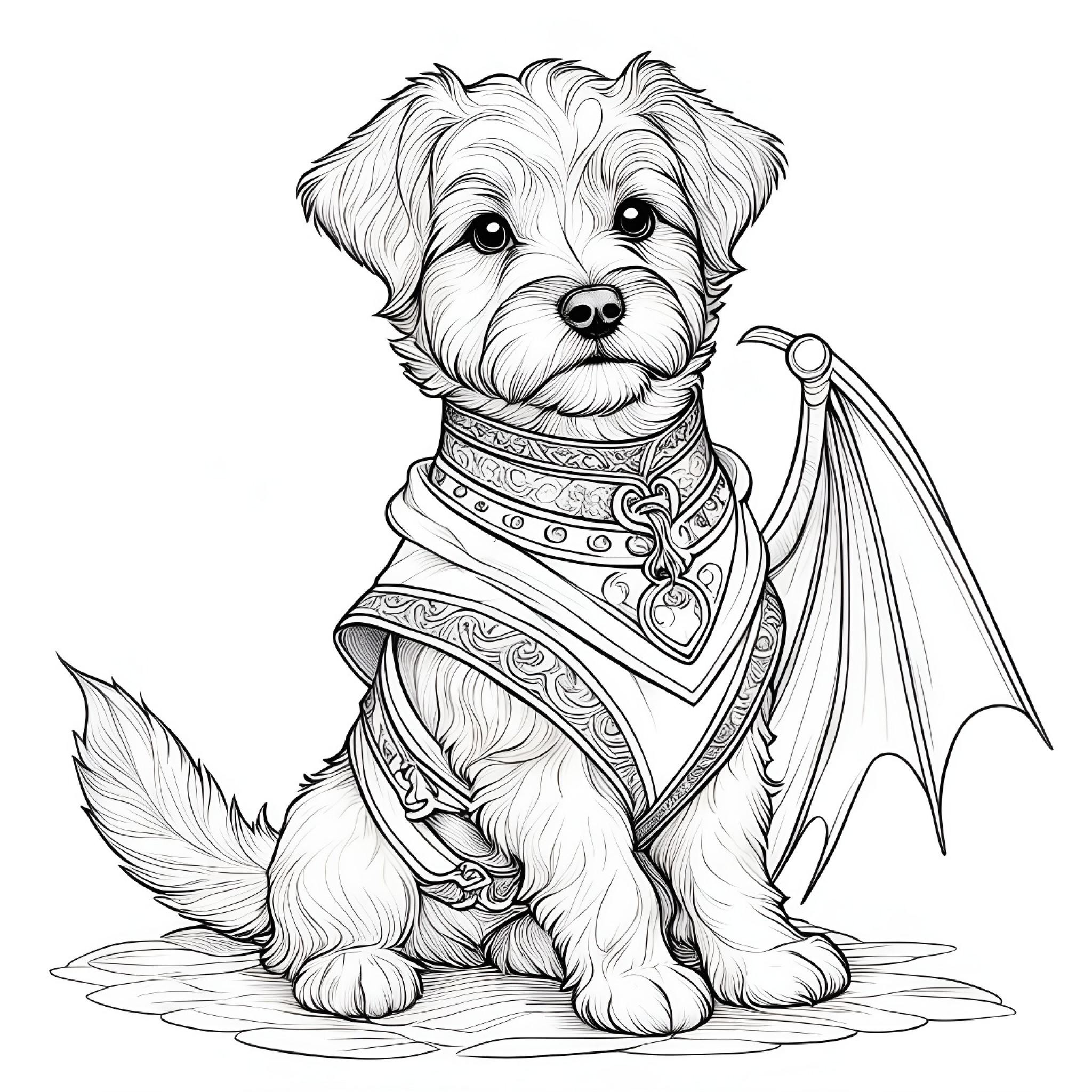 Puppy with a dragon costume Coloring Page (free black-and-white line drawing printable PDF for all, from beginners to advanced learners, including children, teens, adults, and seniors)