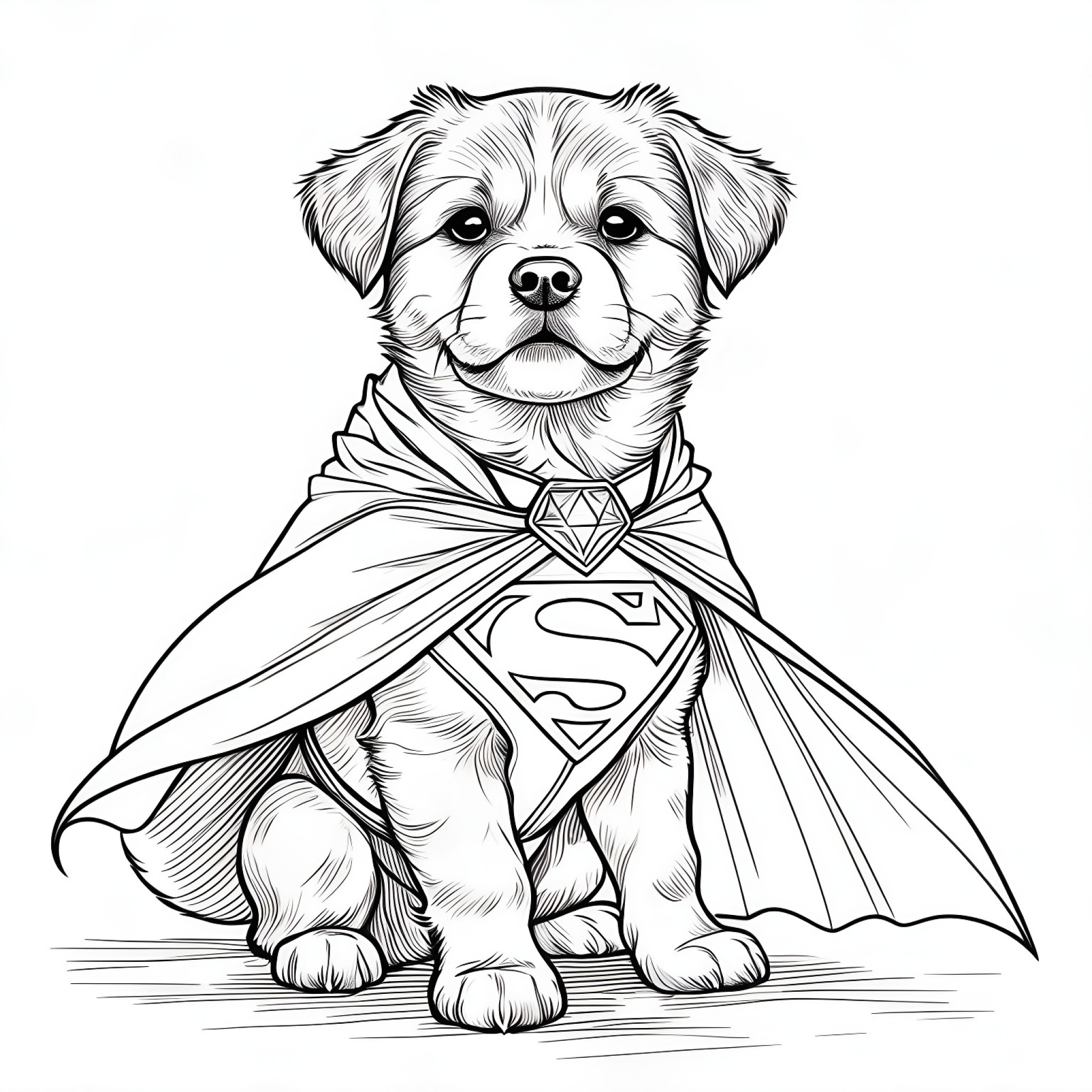 Puppy dressed as a superhero Coloring Page (free black-and-white line drawing printable PDF for all, from beginners to advanced learners, including children, teens, adults, and seniors)
