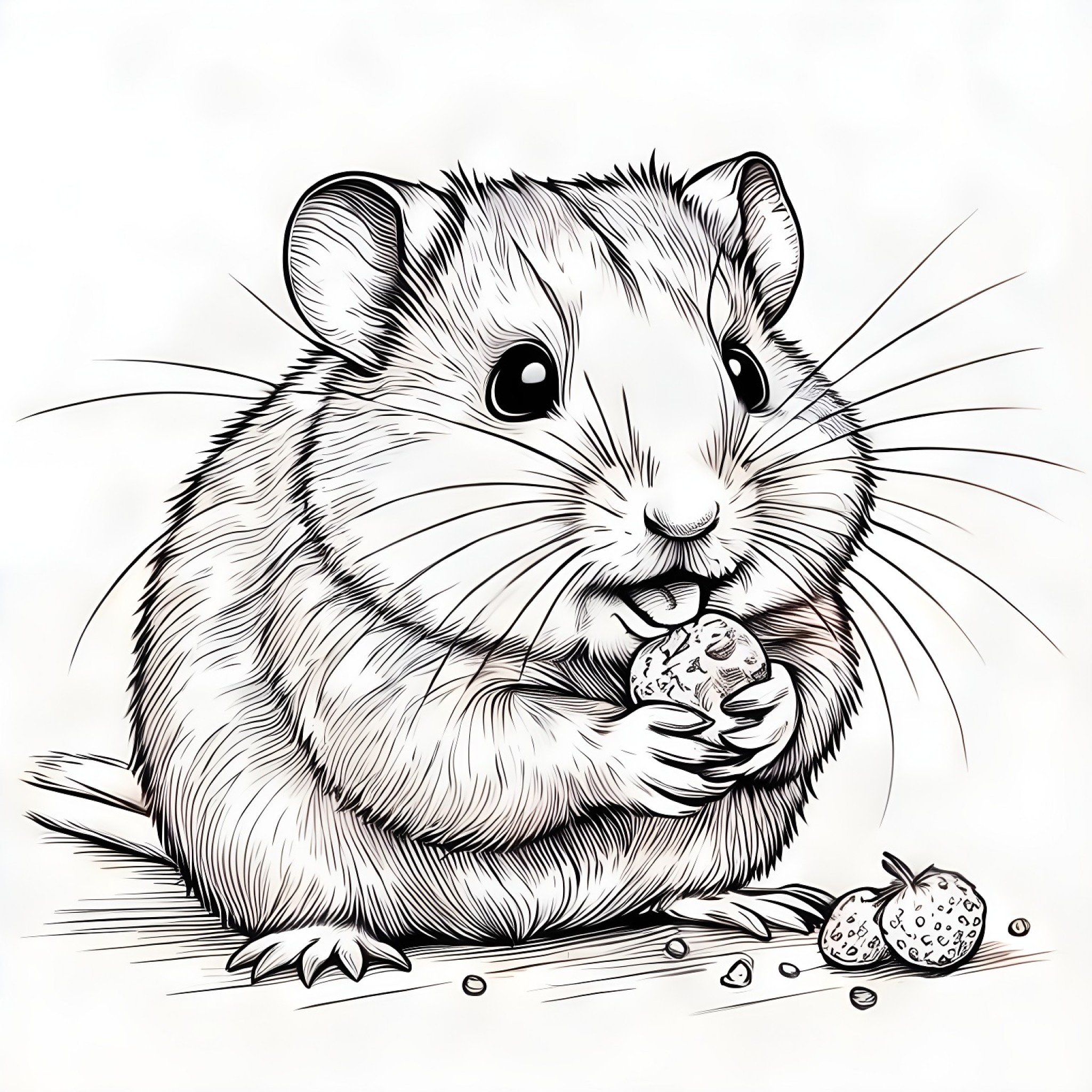 Hamster munching on a treat Coloring Page (free black-and-white line drawing printable PDF for all, from beginners to advanced learners, including children, teens, adults, and seniors)