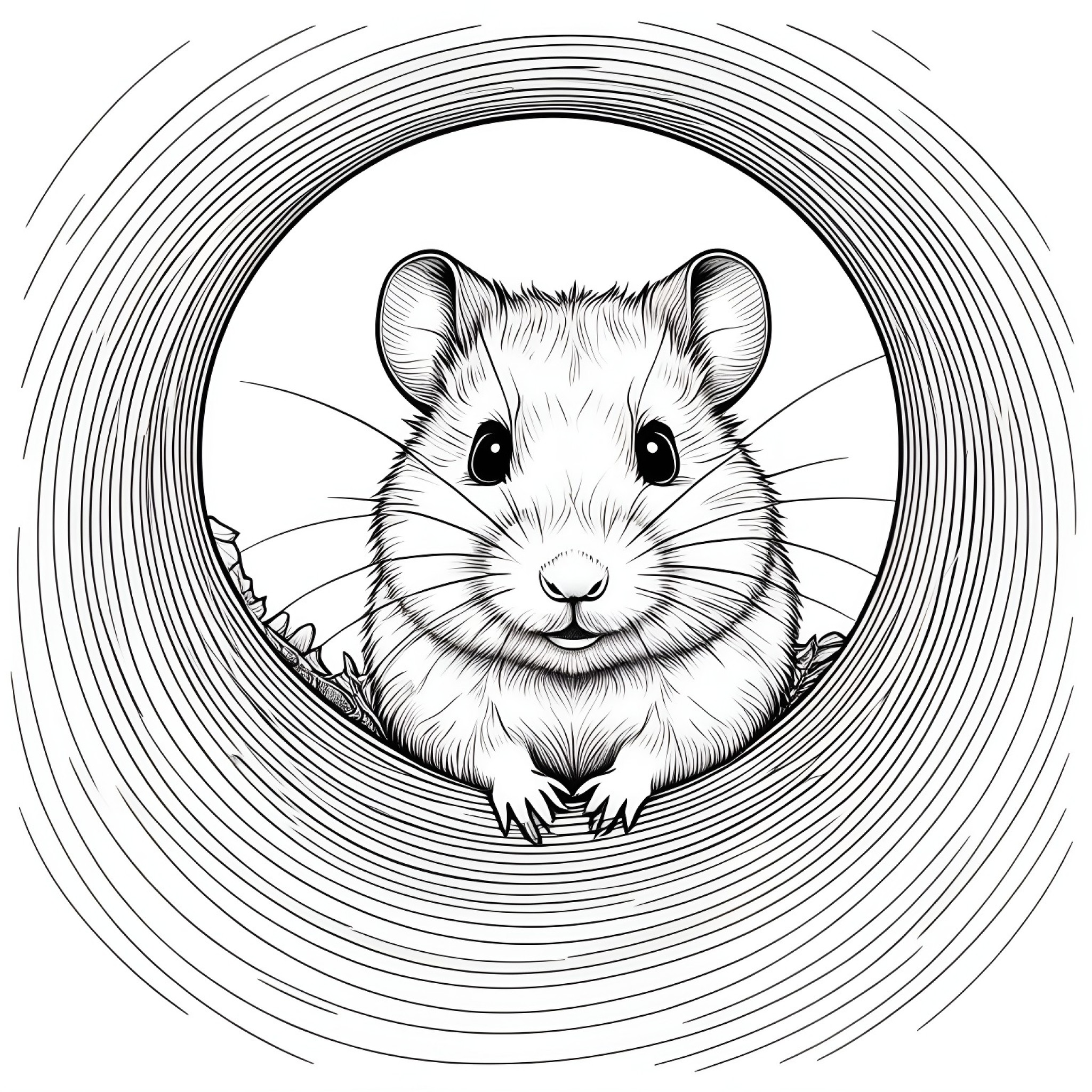 Hamster peeking out of a tunnel Coloring Page (free black-and-white line drawing printable PDF for all, from beginners to advanced learners, including children, teens, adults, and seniors)