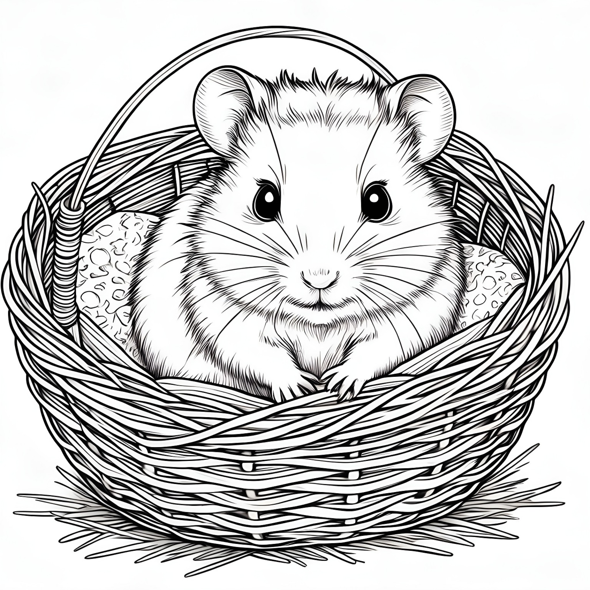 Hamster sitting in a cozy nest Coloring Page (free black-and-white line drawing printable PDF for all, from beginners to advanced learners, including children, teens, adults, and seniors)