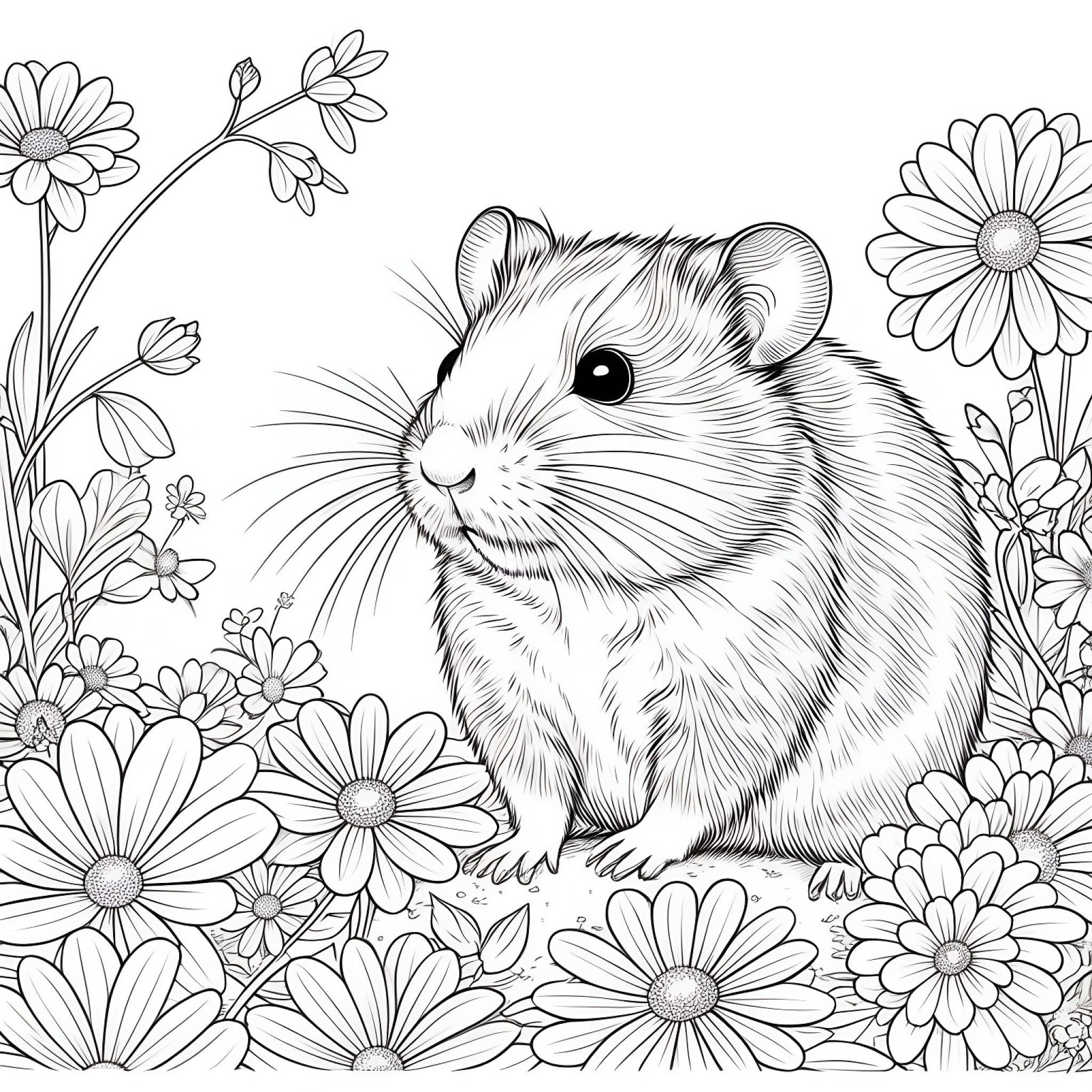 Hamster in a flower garden Coloring Page (free black-and-white line drawing printable PDF for all, from beginners to advanced learners, including children, teens, adults, and seniors)