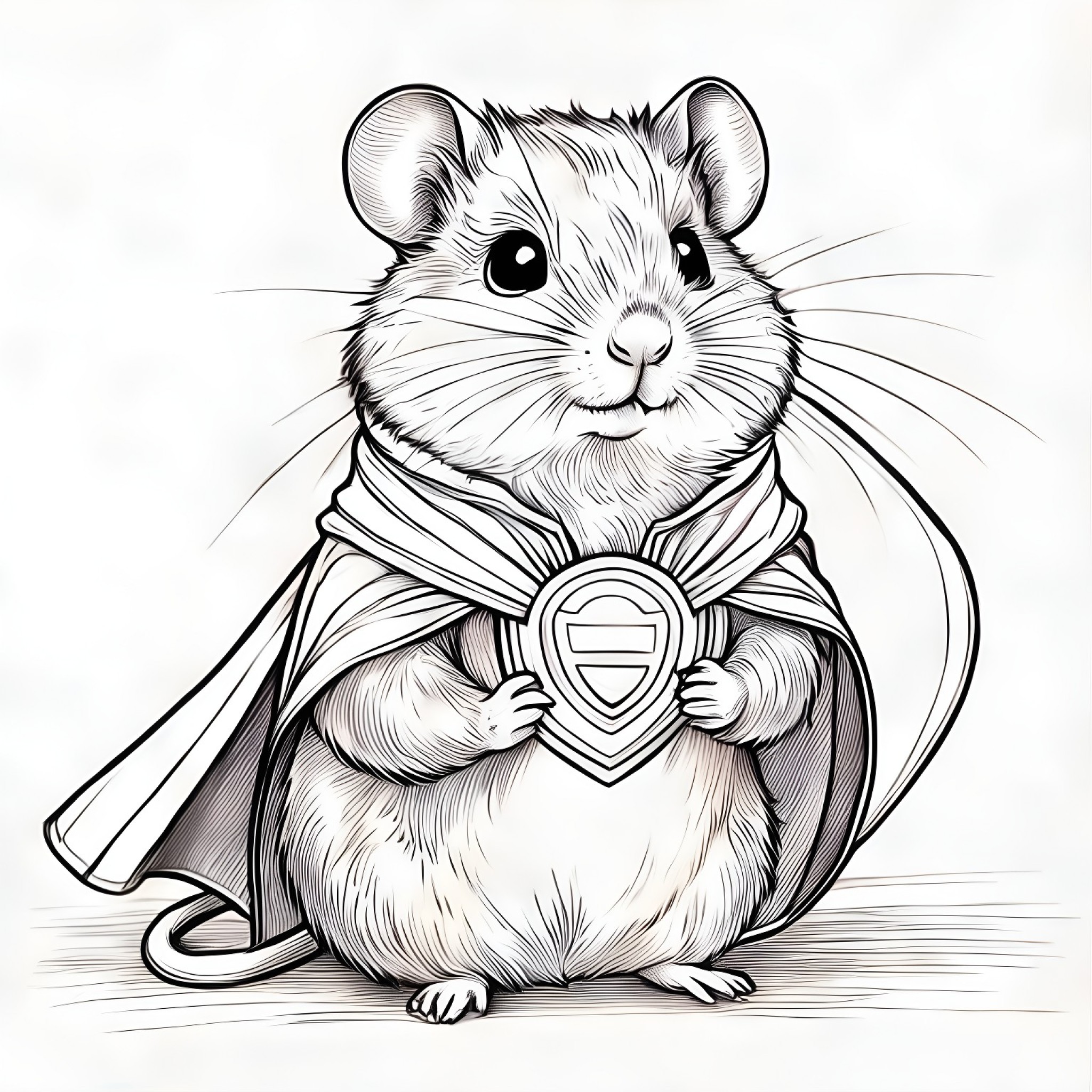 Hamster in a superhero cape Coloring Page (free black-and-white line drawing printable PDF for all, from beginners to advanced learners, including children, teens, adults, and seniors)