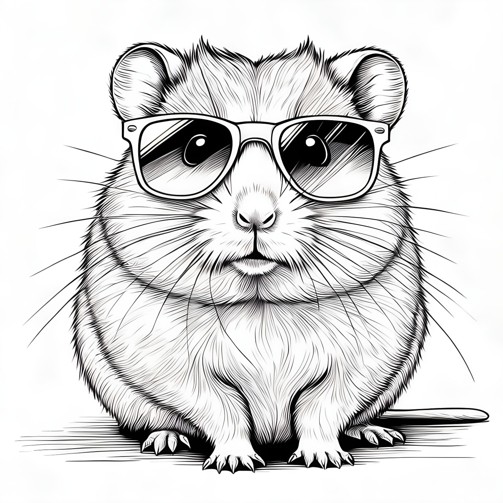 Hamster wearing sunglasses Coloring Page (free black-and-white line drawing printable PDF for all, from beginners to advanced learners, including children, teens, adults, and seniors)