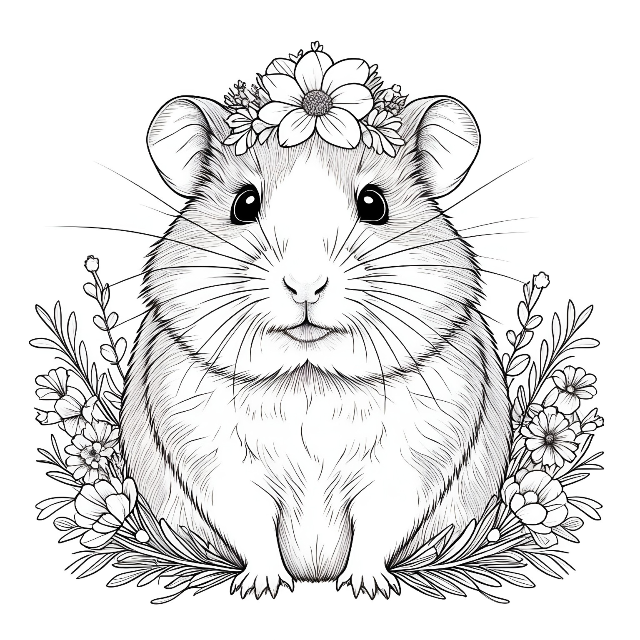 Hamster with a flower crown Coloring Page (free black-and-white line drawing printable PDF for all, from beginners to advanced learners, including children, teens, adults, and seniors)