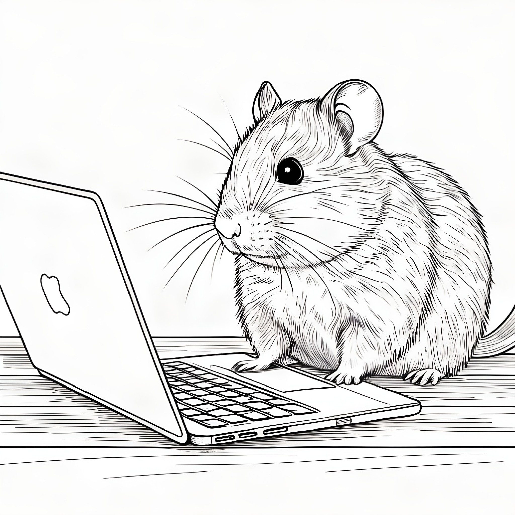 Hamster working with a laptop Coloring Page (free black-and-white line drawing printable PDF for all, from beginners to advanced learners, including children, teens, adults, and seniors)