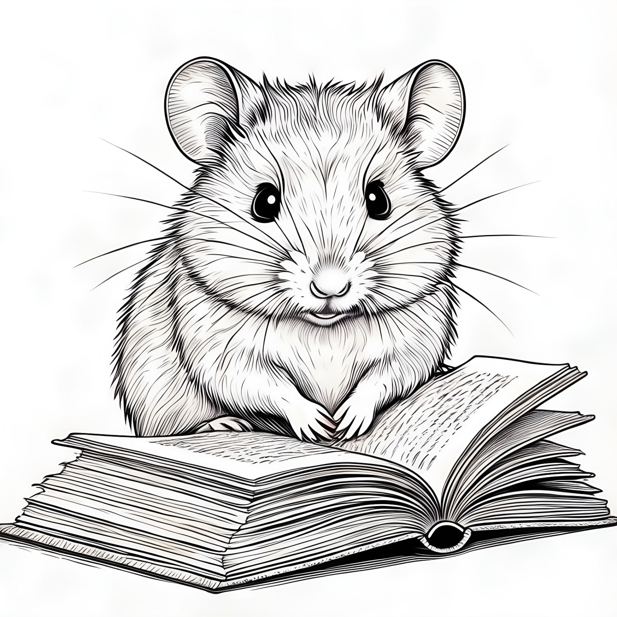 Hamster reading a book Coloring Page (free black-and-white line drawing printable PDF for all, from beginners to advanced learners, including children, teens, adults, and seniors)