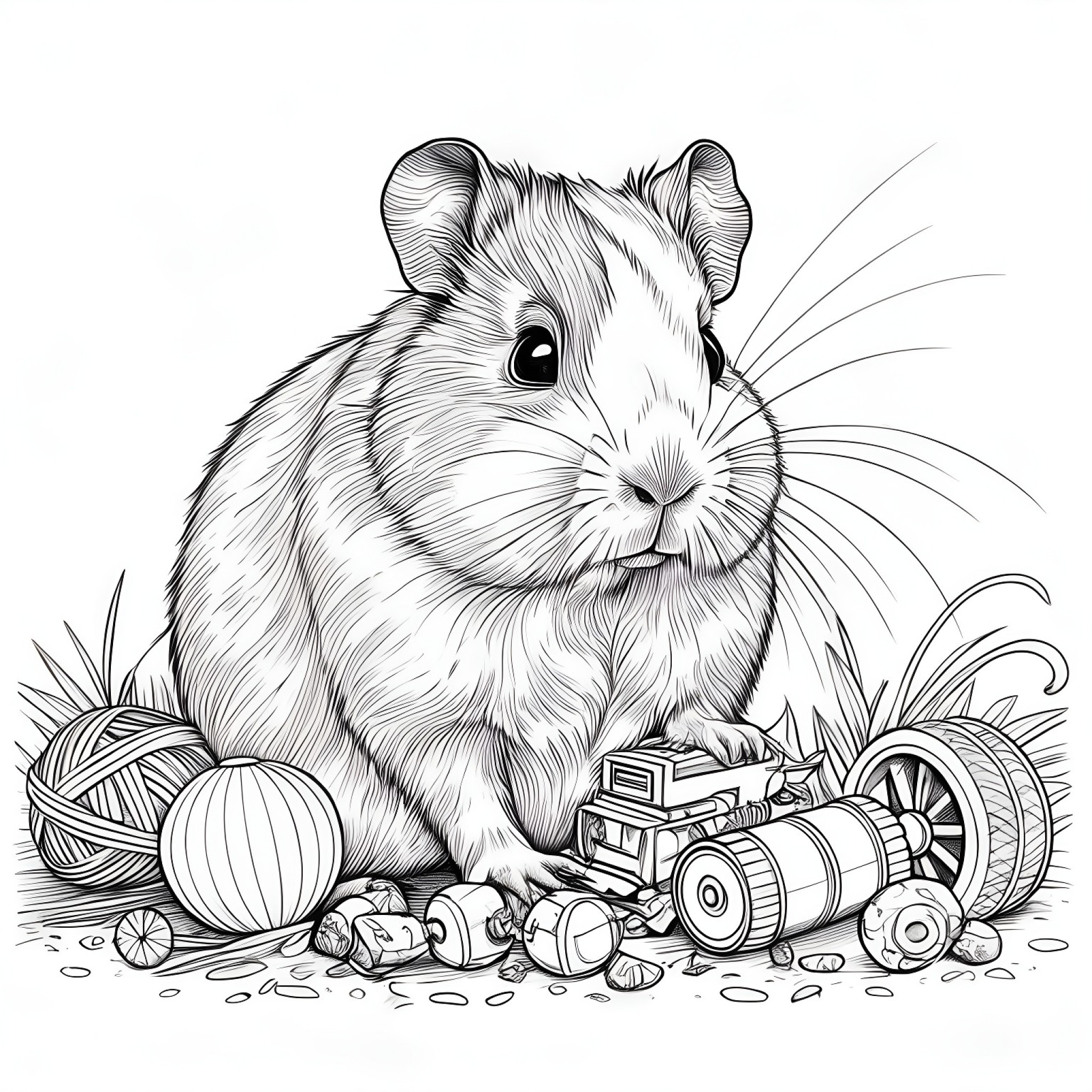 Guinea Pig playing with toys Coloring Page (free black-and-white line drawing printable PDF for all, from beginners to advanced learners, including children, teens, adults, and seniors)