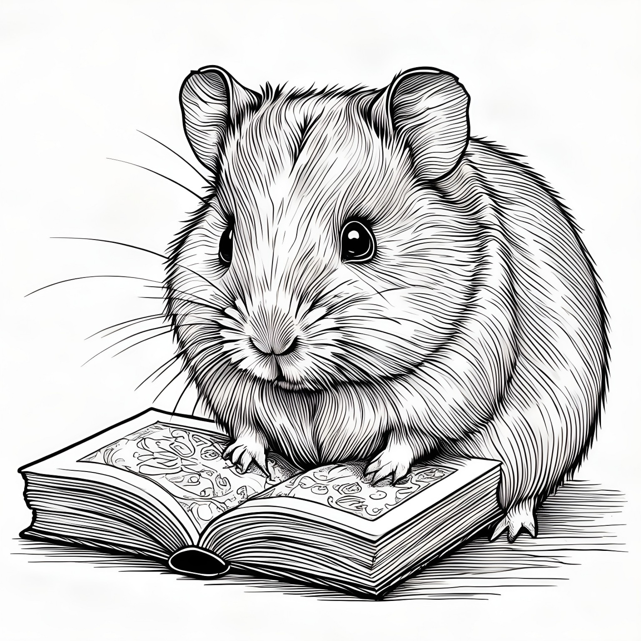 Guinea Pig reading a tiny book Coloring Page (free black-and-white line drawing printable PDF for all, from beginners to advanced learners, including children, teens, adults, and seniors)