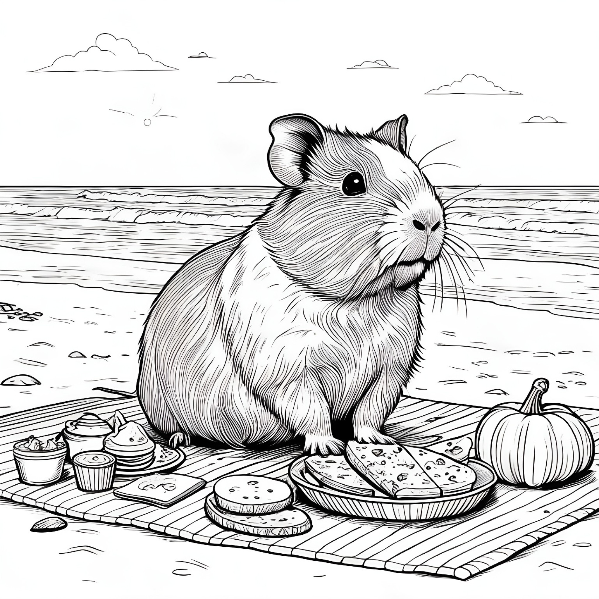Guinea Pig at a beach picnic Coloring Page (free black-and-white line drawing printable PDF for all, from beginners to advanced learners, including children, teens, adults, and seniors)
