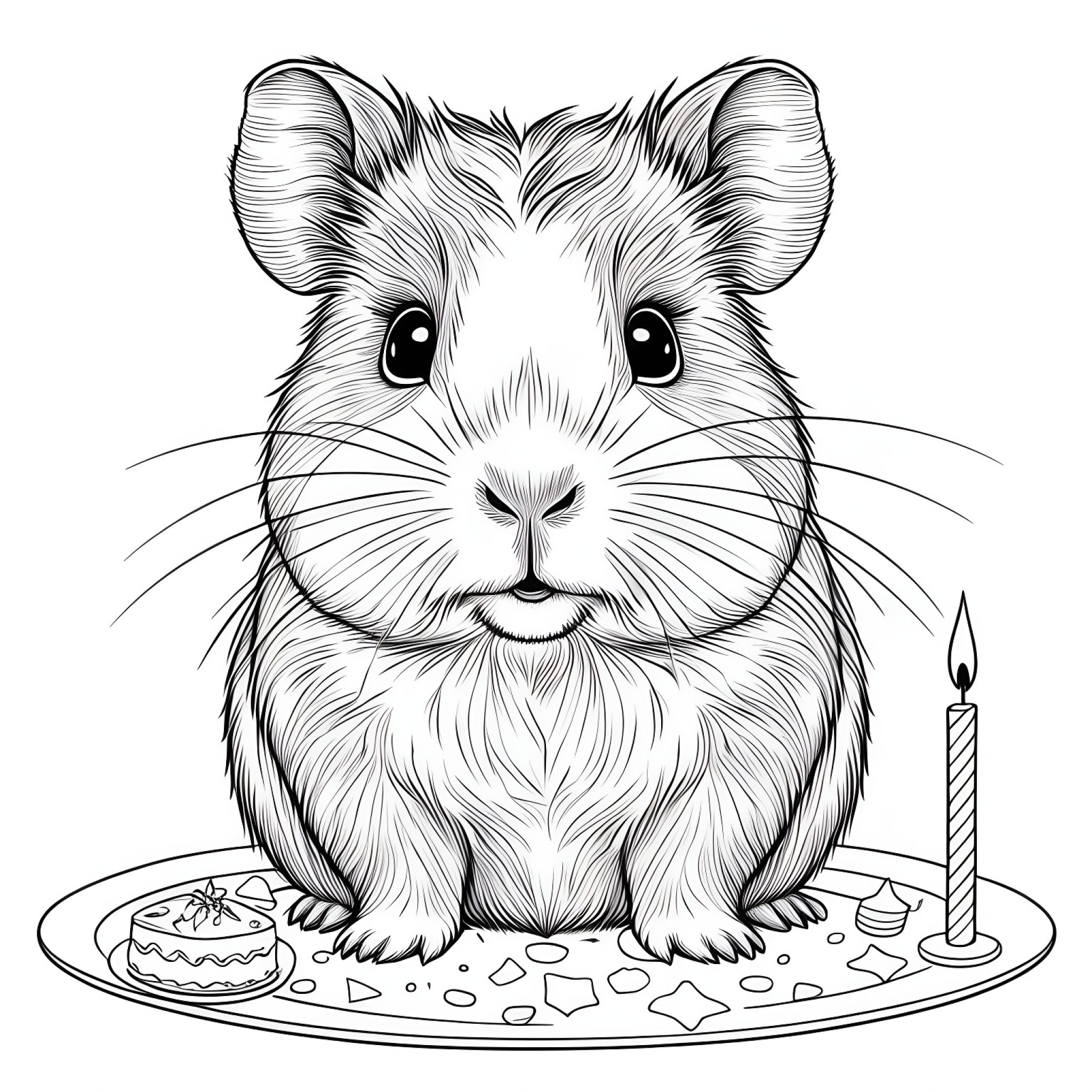 Guinea Pig celebrating a birthday Coloring Page (free black-and-white line drawing printable PDF for all, from beginners to advanced learners, including children, teens, adults, and seniors)