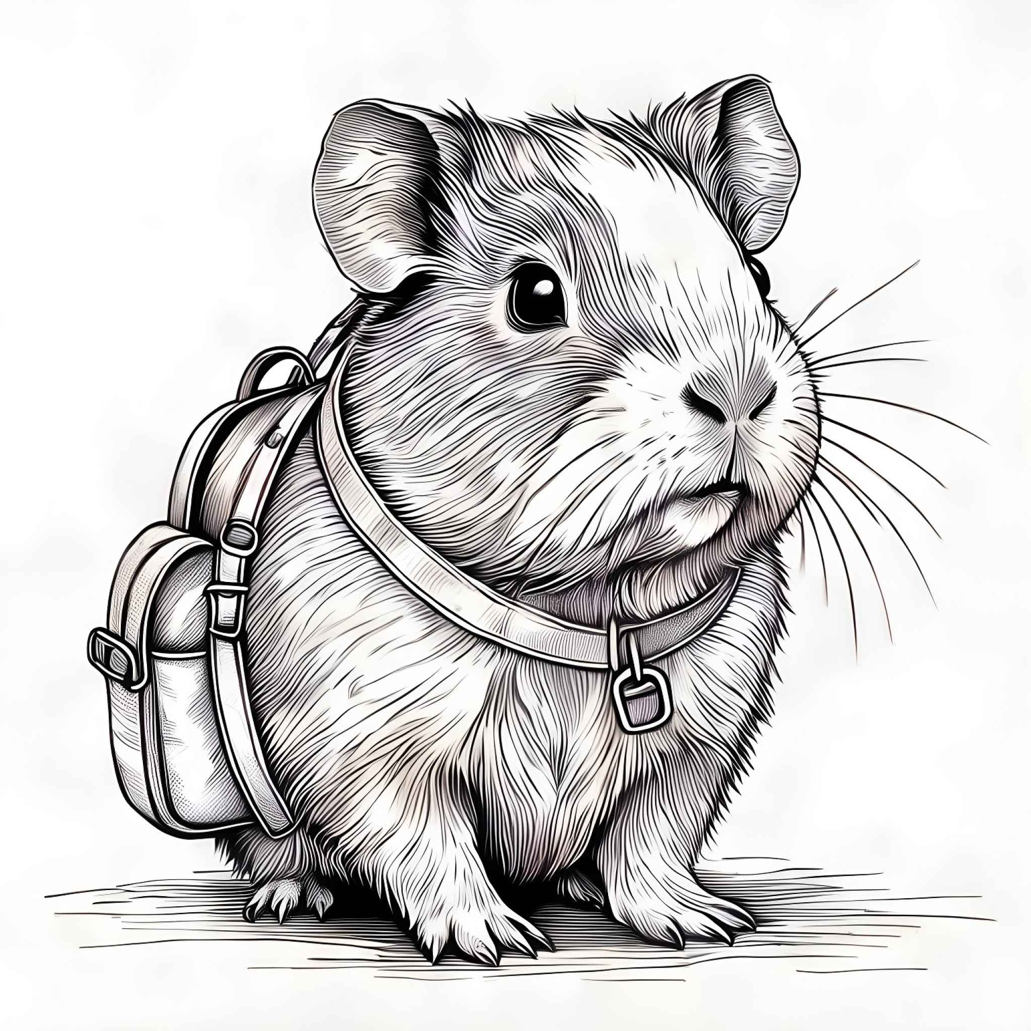 Guinea Pig with a tiny backpack Coloring Page (free black-and-white line drawing printable PDF for all, from beginners to advanced learners, including children, teens, adults, and seniors)