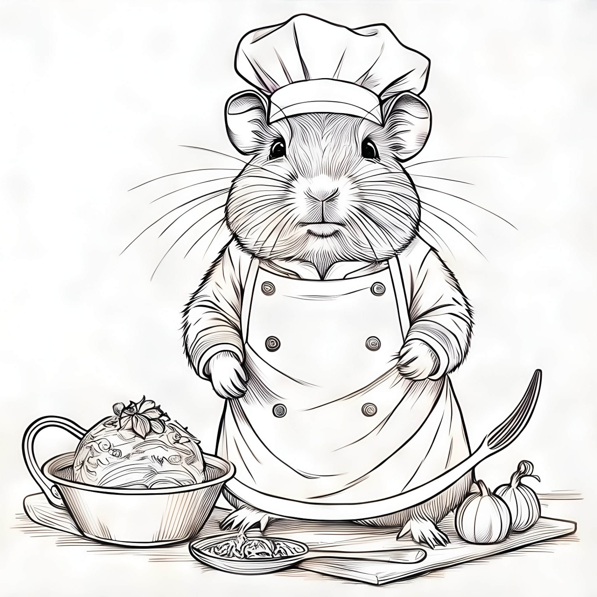 Guinea Pig dressed as a chef Coloring Page (free black-and-white line drawing printable PDF for all, from beginners to advanced learners, including children, teens, adults, and seniors)