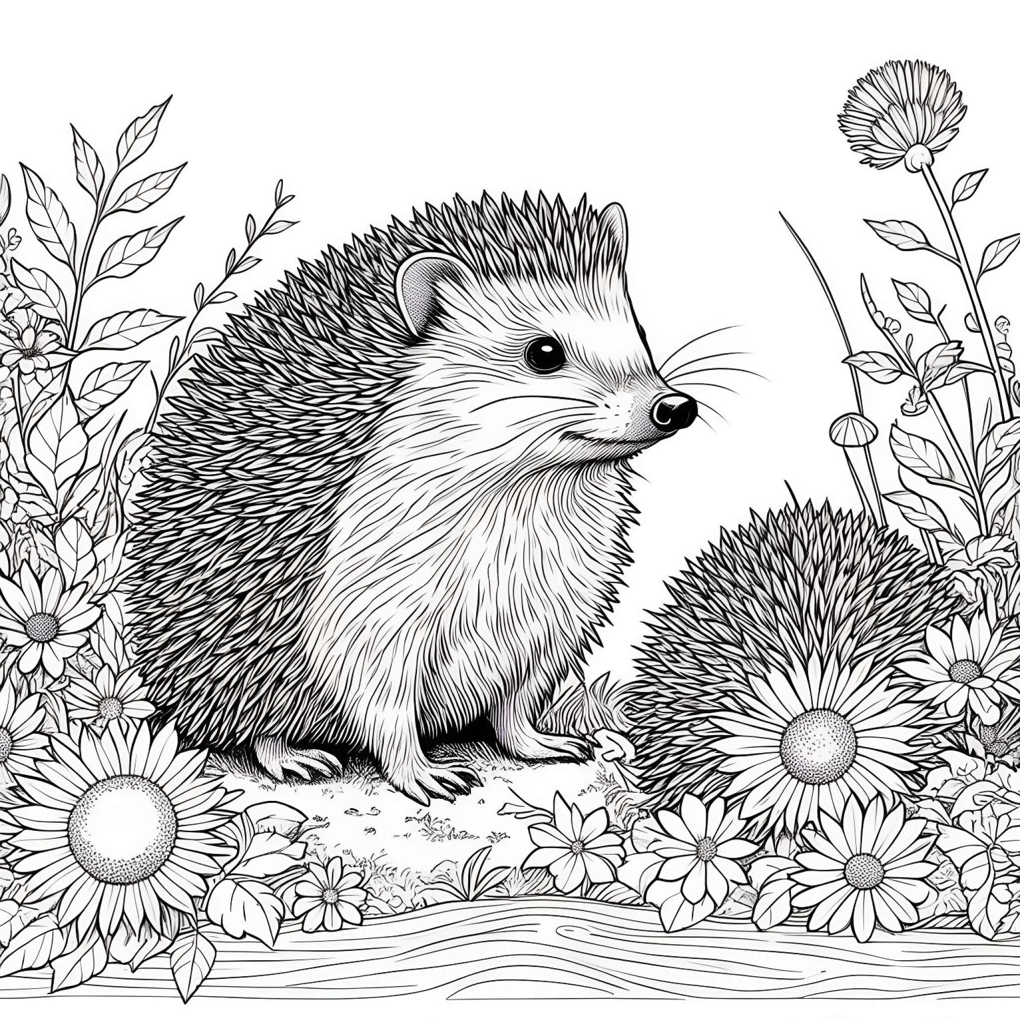 Hedgehog in a peaceful garden Coloring Page (free black-and-white line drawing printable PDF for all, from beginners to advanced learners, including children, teens, adults, and seniors)